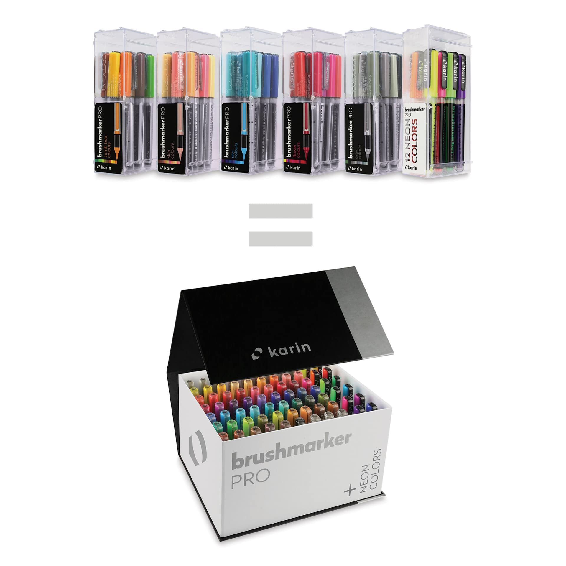 Karin Brushmarkers Pro Markers - Mega Box Plus, Set of 75, showing different sets inside of the box