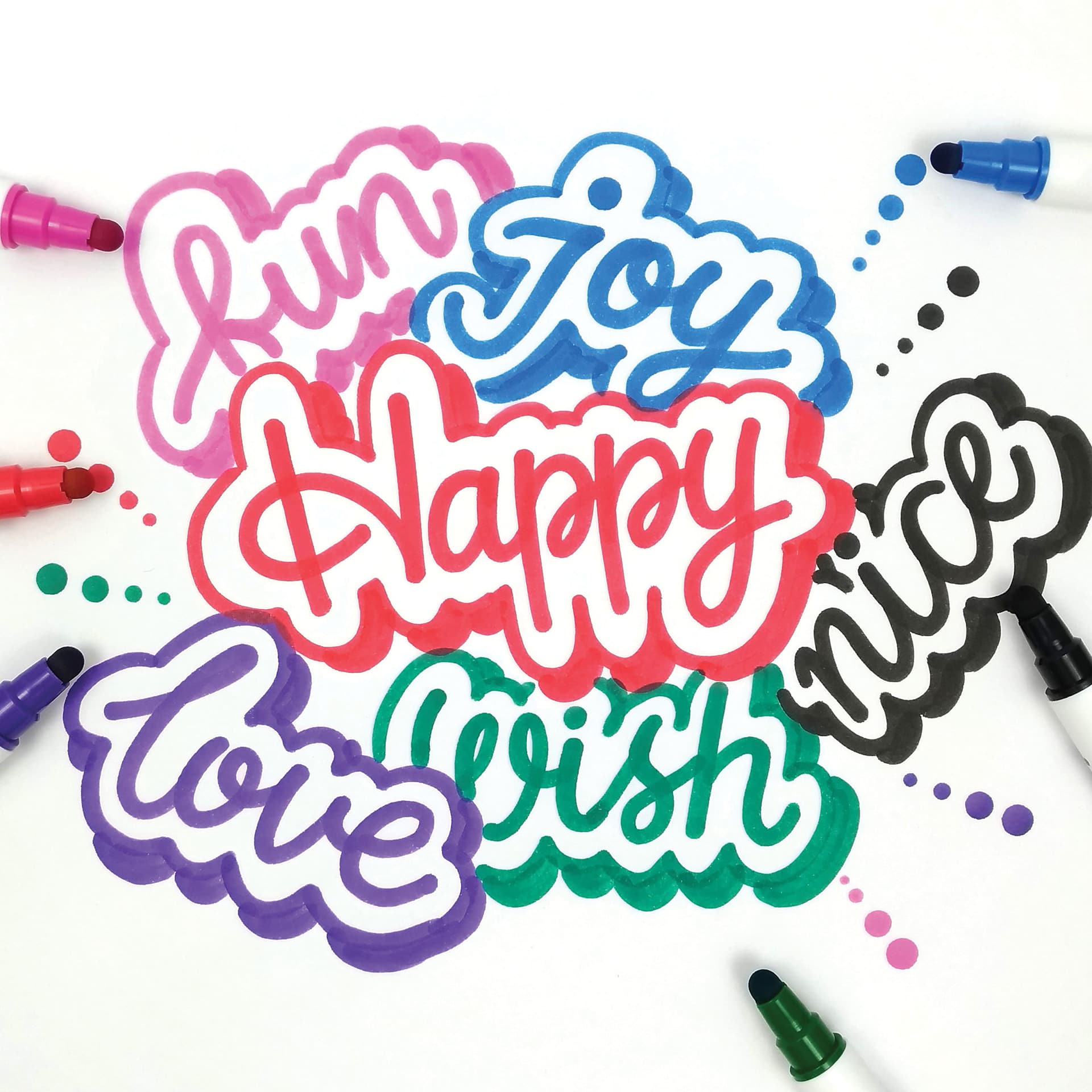 Zig Clean Color Dot Dual Tip Markers, example of positive words drawing