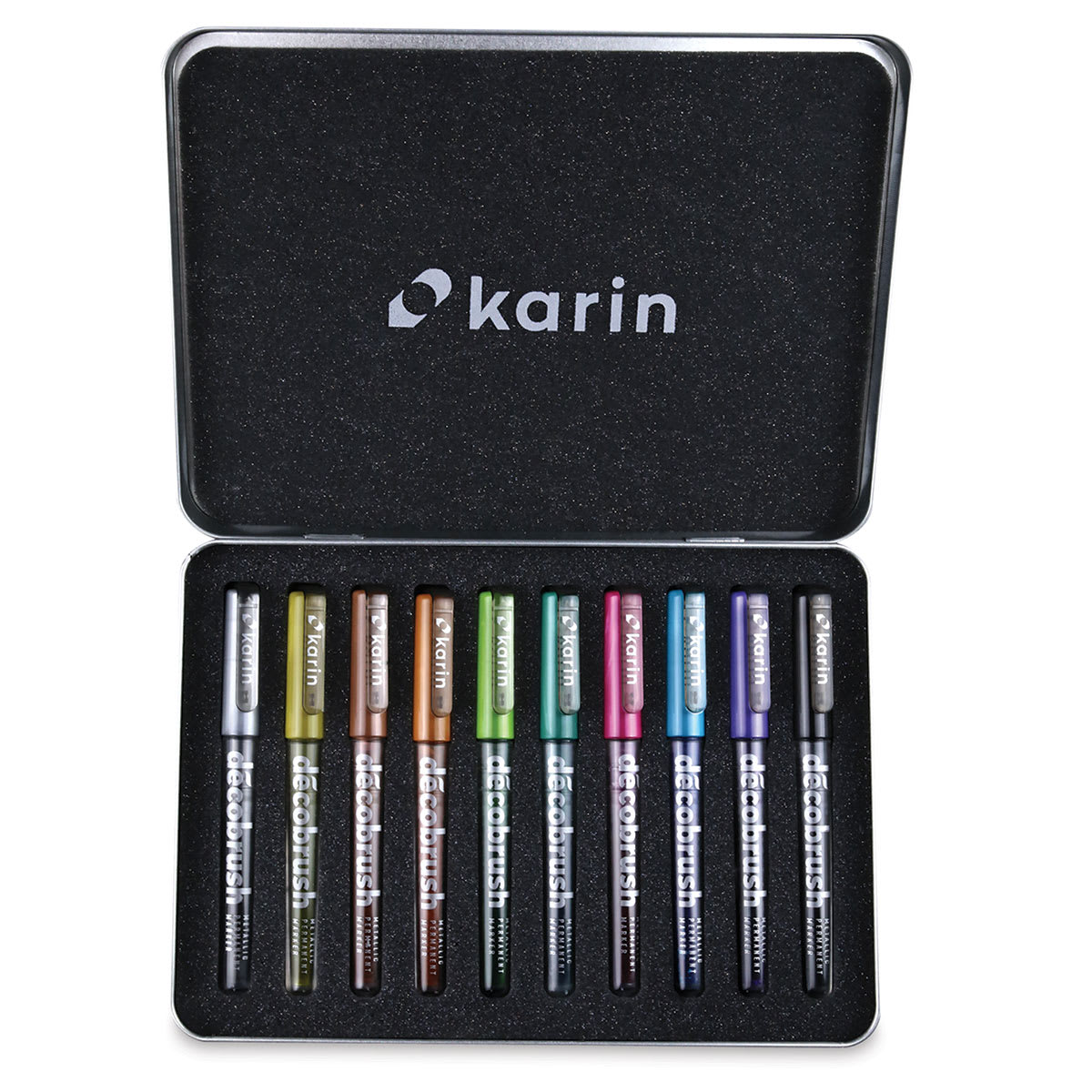 Karin DécoBrush Metallic Markers - Open package of Set of 10 showing capped markers Karin DécoBrush Metallic Markers - Open package of Set of 10 showing capped markers