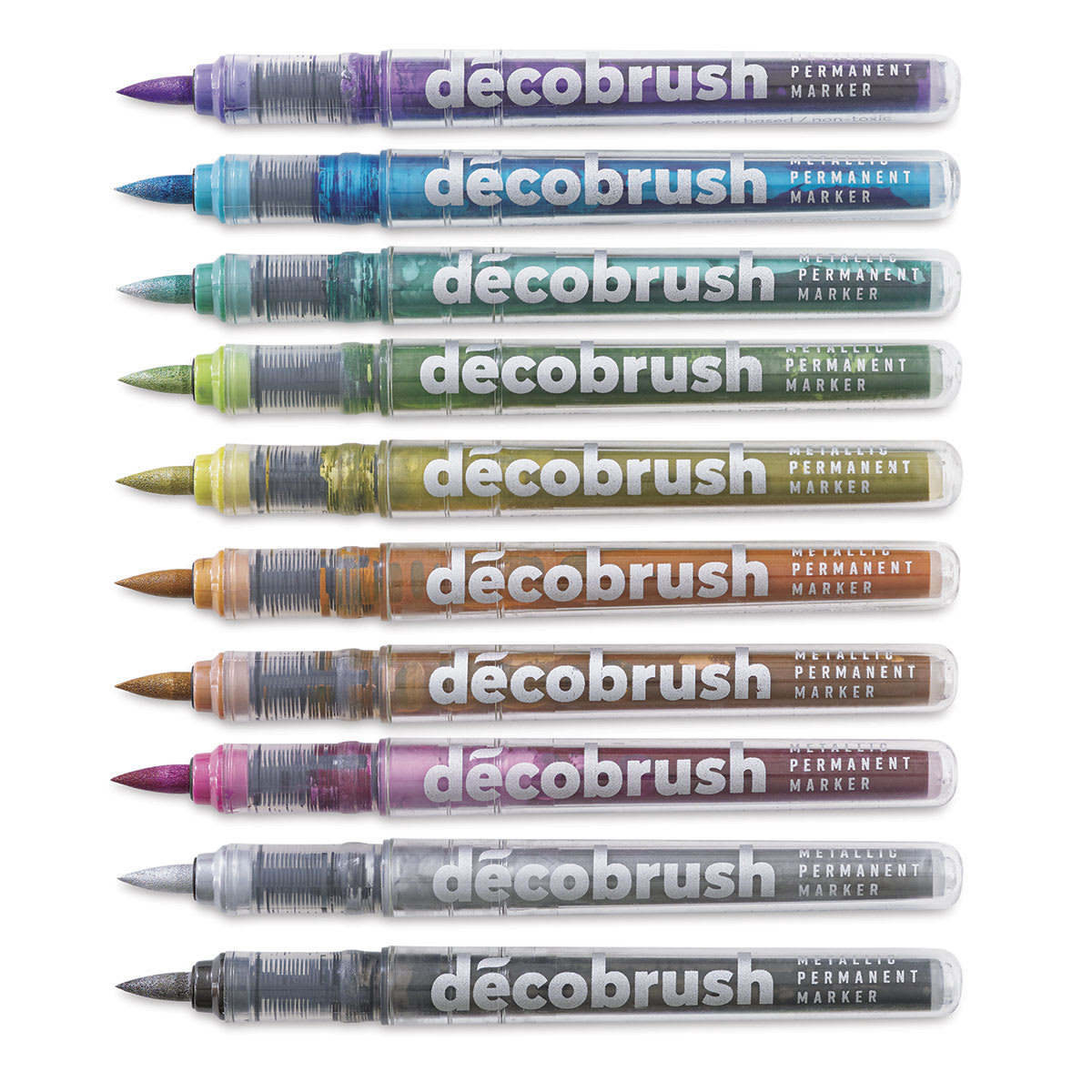 Karin DécoBrush Metallic Markers - Set of 10 markers shown horizontally without caps Karin DécoBrush Metallic Markers - Set of 10 markers shown horizontally without caps