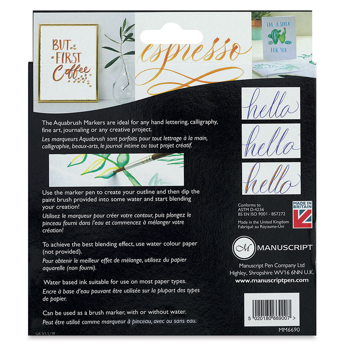 Manuscript Aqua Brush Markers - Back of package of Set of 12