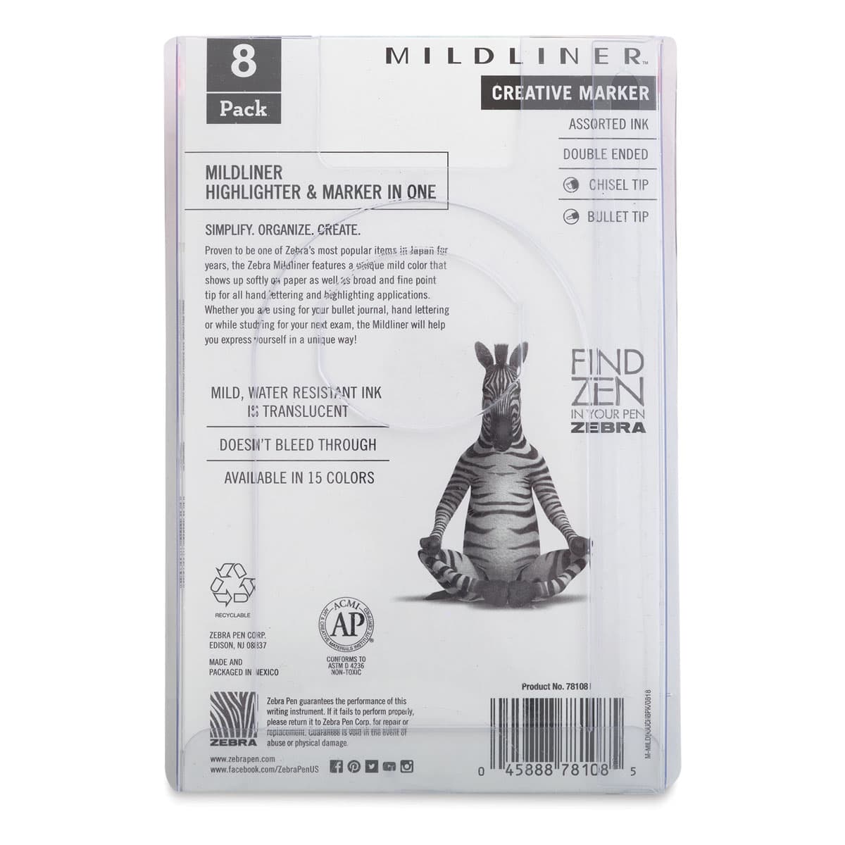 Zebra Mildliner Double Ended Creative Markers - Assorted Colors, Set of 8 (Back of package)