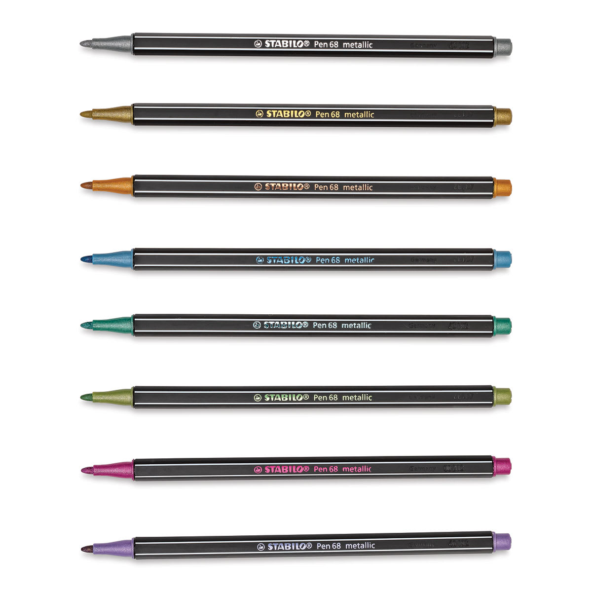 Stabilo Pen 68 Metallic Pen Sets - 8 pens shown horizontally and without caps