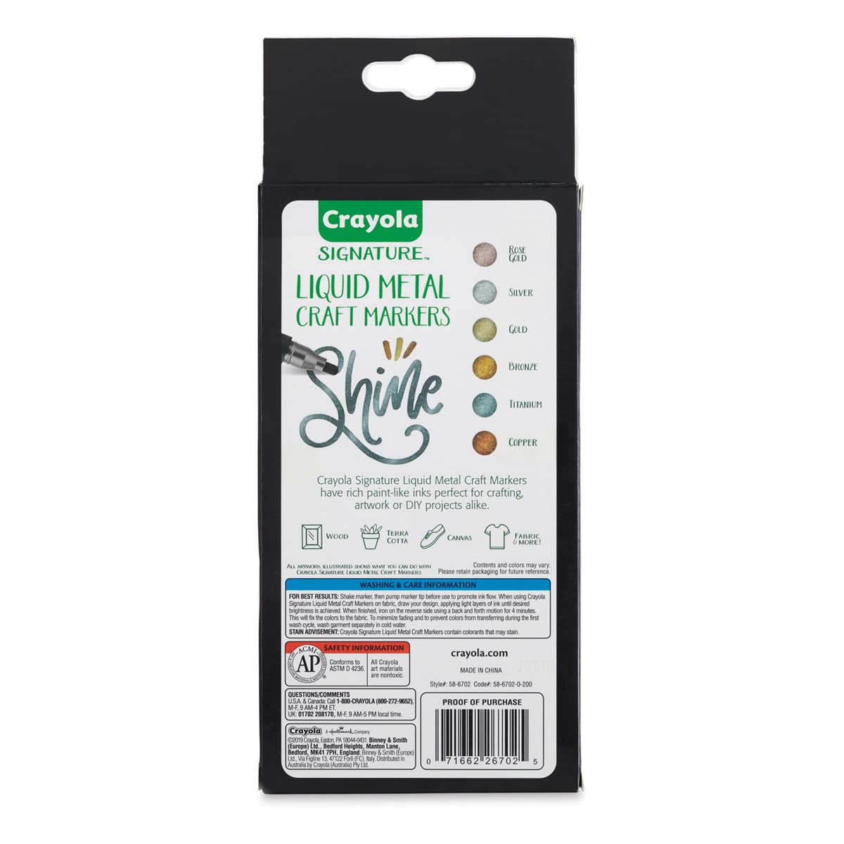 Crayola Signature Liquid Metal Craft Marker Set (back of package)