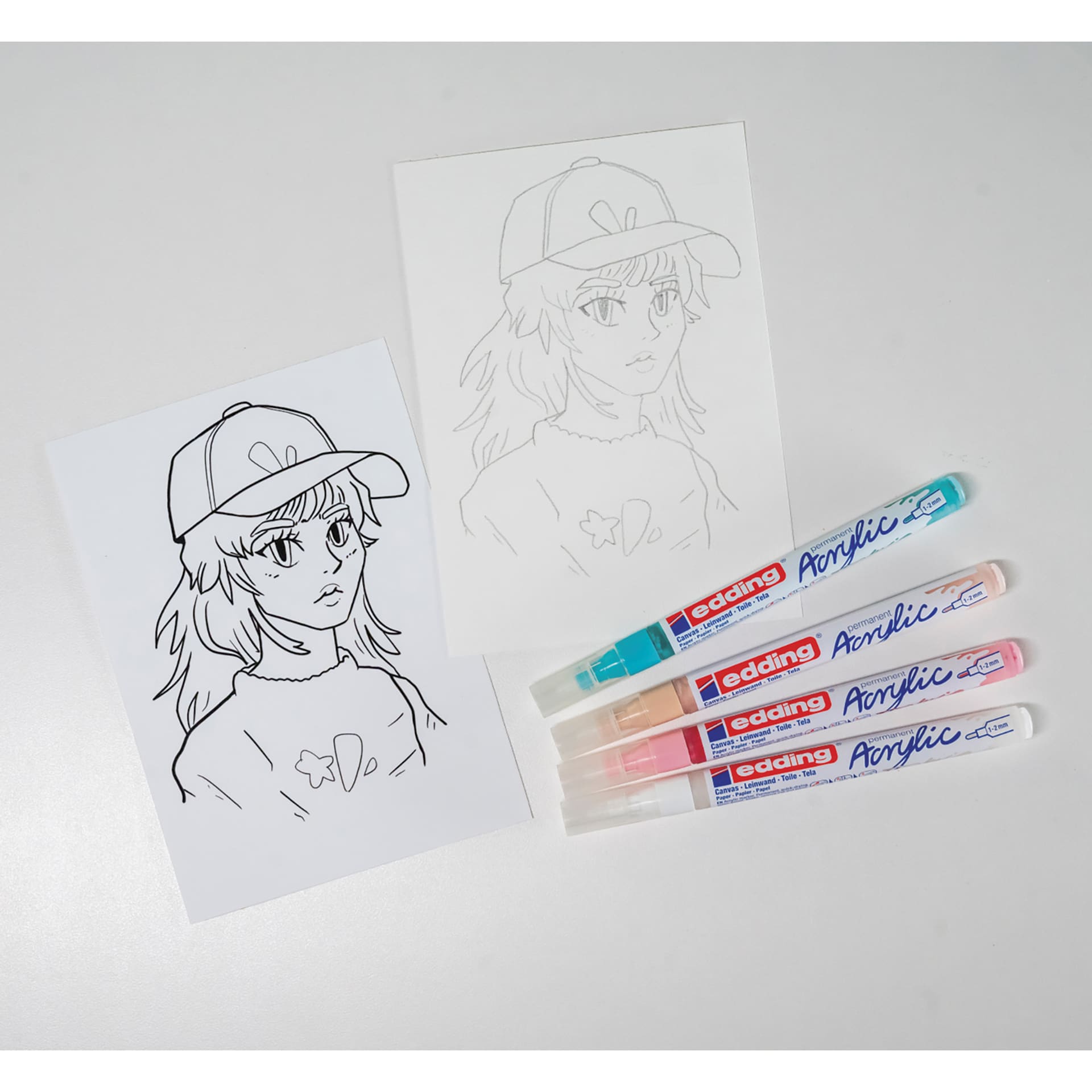 Edding Creative Manga Drawing Set - Assorted, Set of 15, one example sheet laid out with markers Edding Creative Manga Drawing Set - Assorted, Set of 15, one example sheet laid out with markers