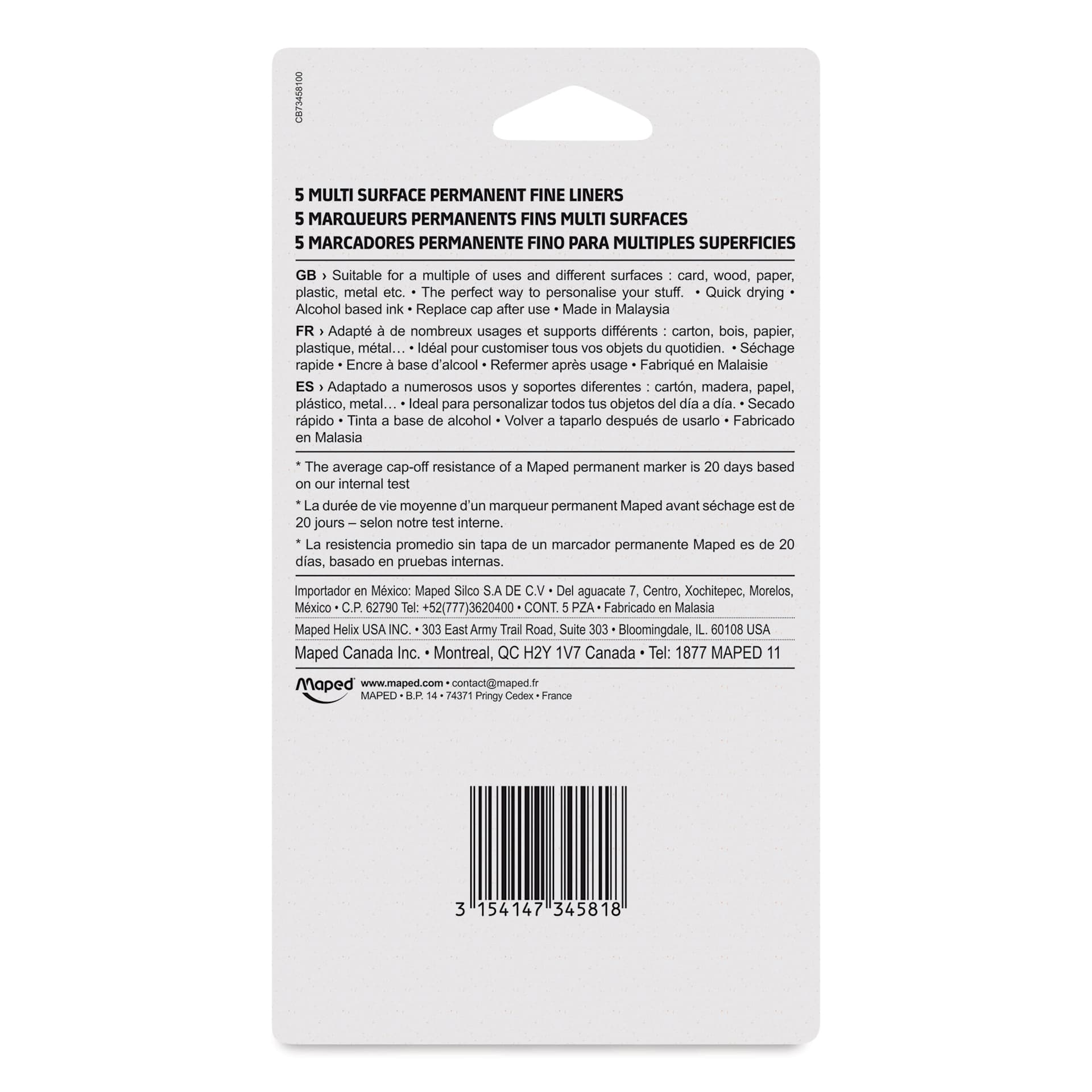 Maped Custom Permanent Markers - Assorted Colors, Set of 5, back of the packaging