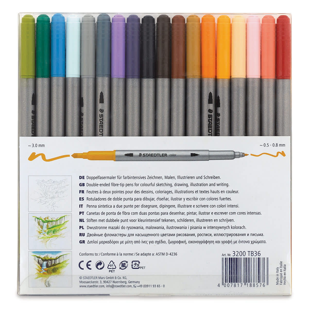 Staedtler Double-Ended Fiber-Tip Pens - Set of 36 (back of package)