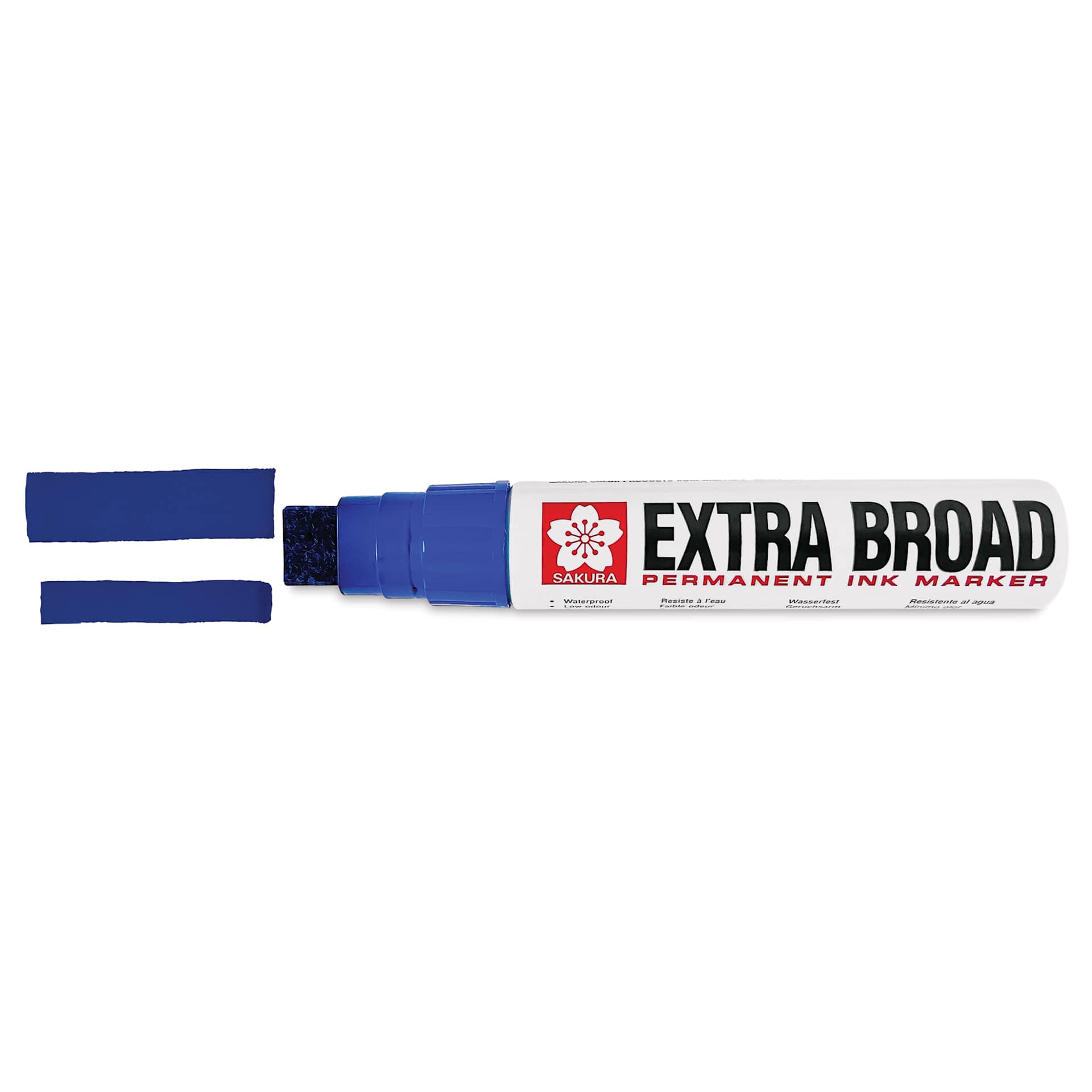 Sakura Extra Broad Permanent Ink Marker - Blue, cap off showing marker stroke widths