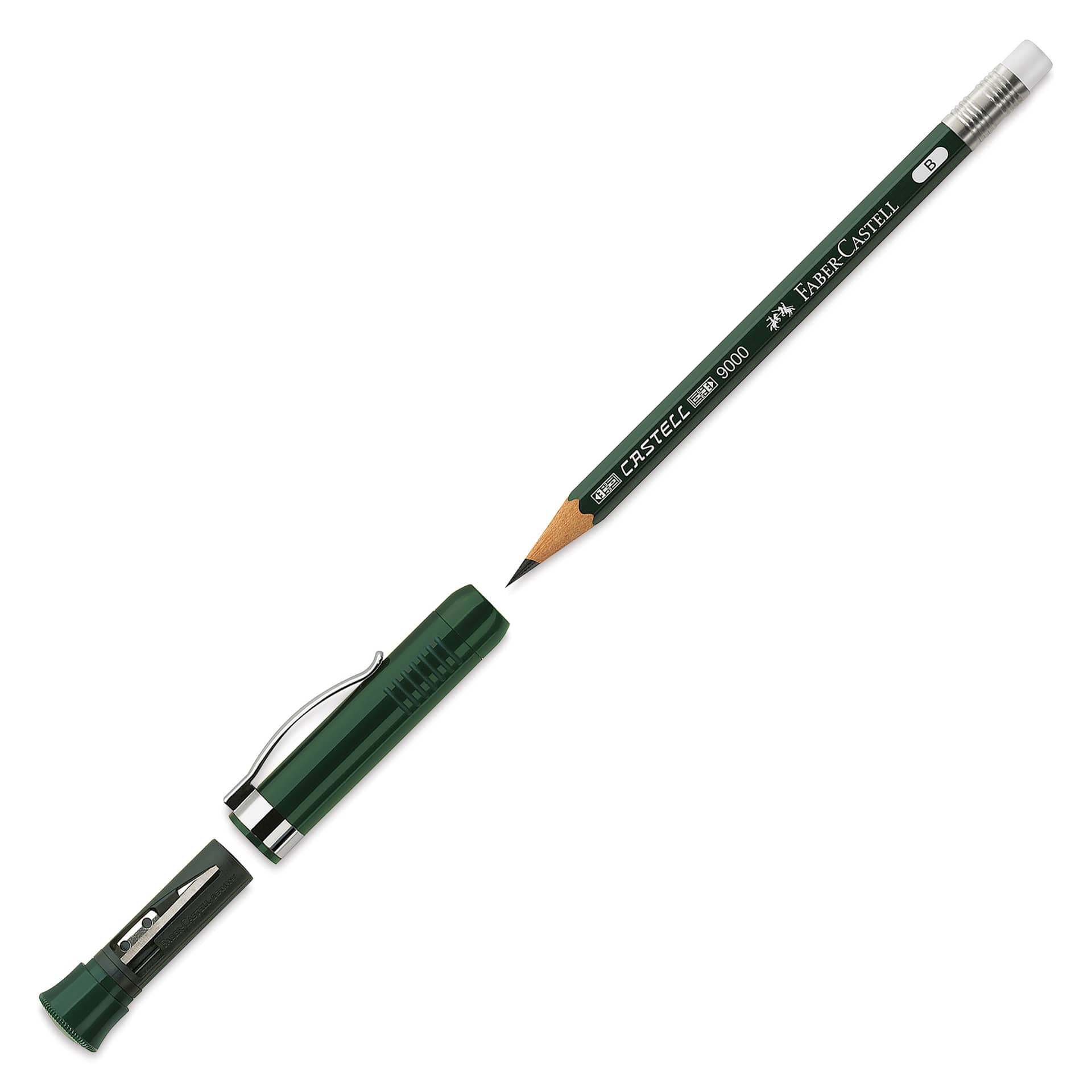 Faber-Castell 9000 Perfect Pencil - Green, pencil and cap sharpener shown Faber-Castell 9000 Perfect Pencil - Green, pencil and cap sharpener shown