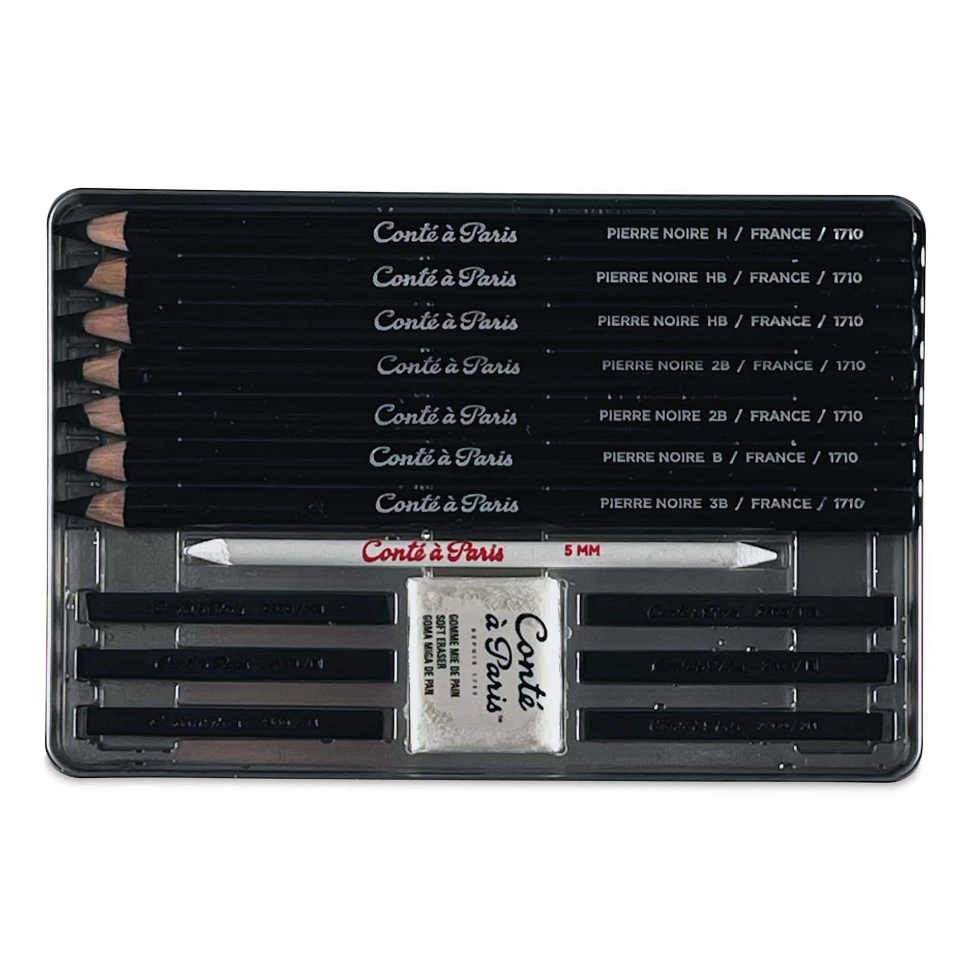Conté à Paris Pierre Noire - Set of 15, contents inside of the metal box