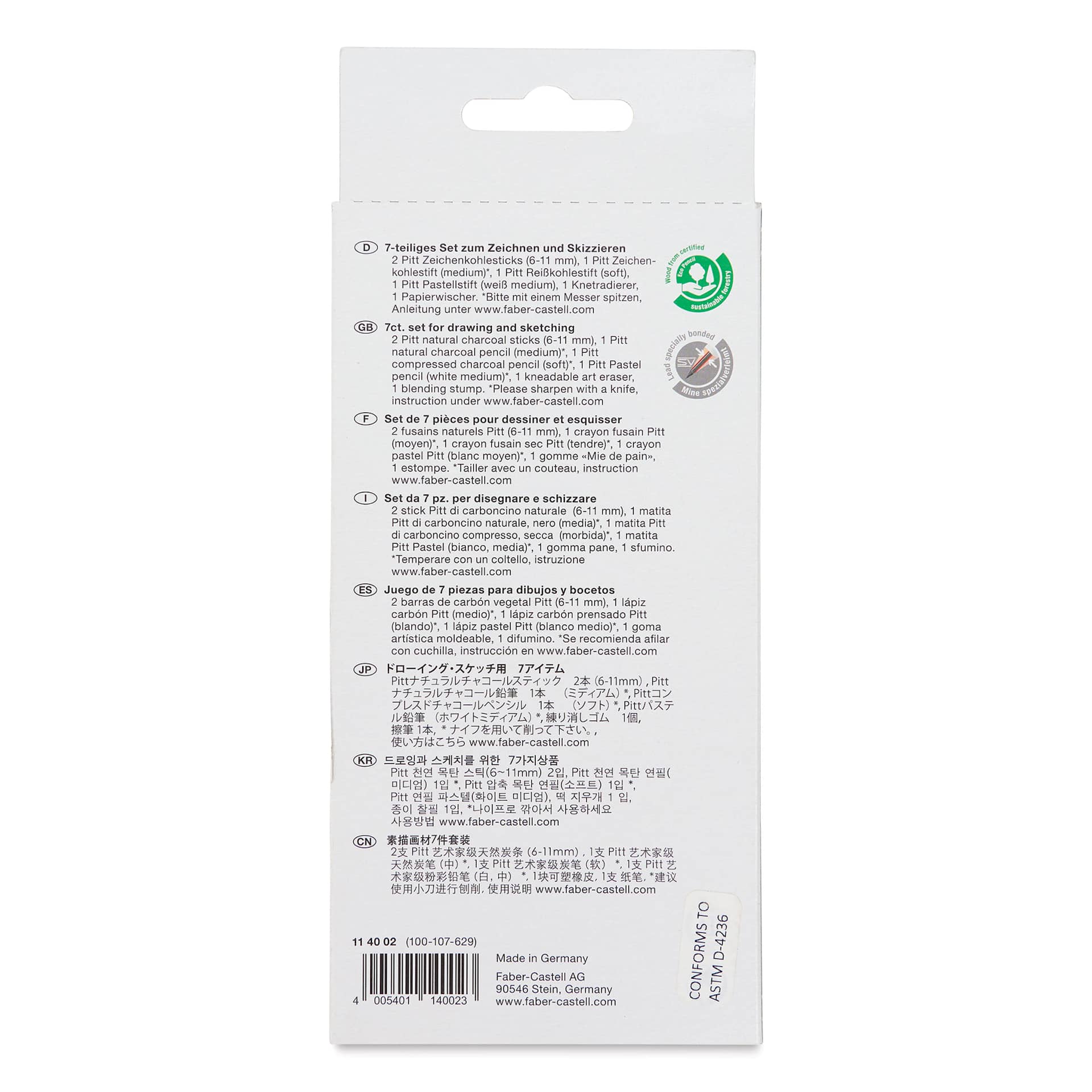 Faber-Castell Creative Studio Charcoal Sketch Set, Set of 7, back of packaging Faber-Castell Creative Studio Charcoal Sketch Set, Set of 7, back of packaging
