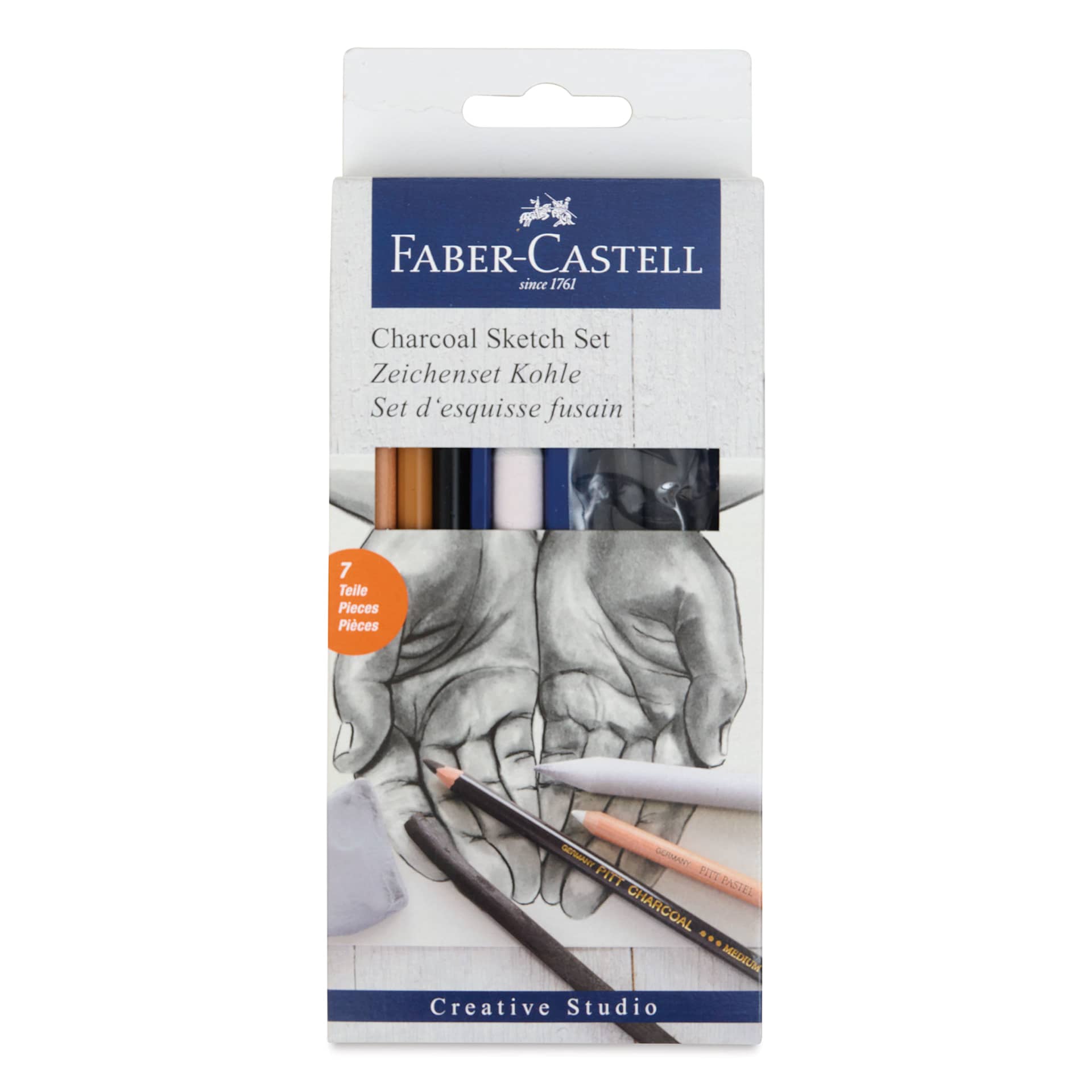 Faber-Castell Creative Studio Charcoal Sketch Set, Set of 7, front of packaging Faber-Castell Creative Studio Charcoal Sketch Set, Set of 7, front of packaging
