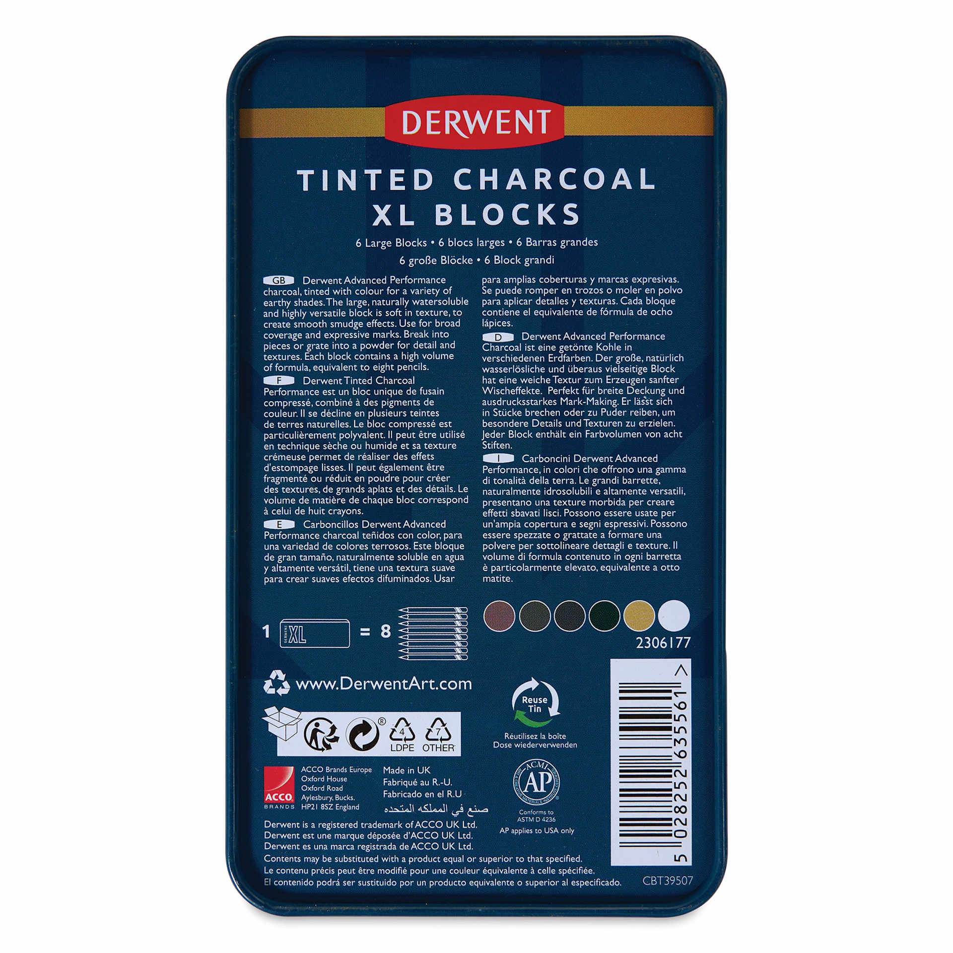 Derwent Tinted Charcoal XL Blocks - Assorted, Set of 6, back of the packaging