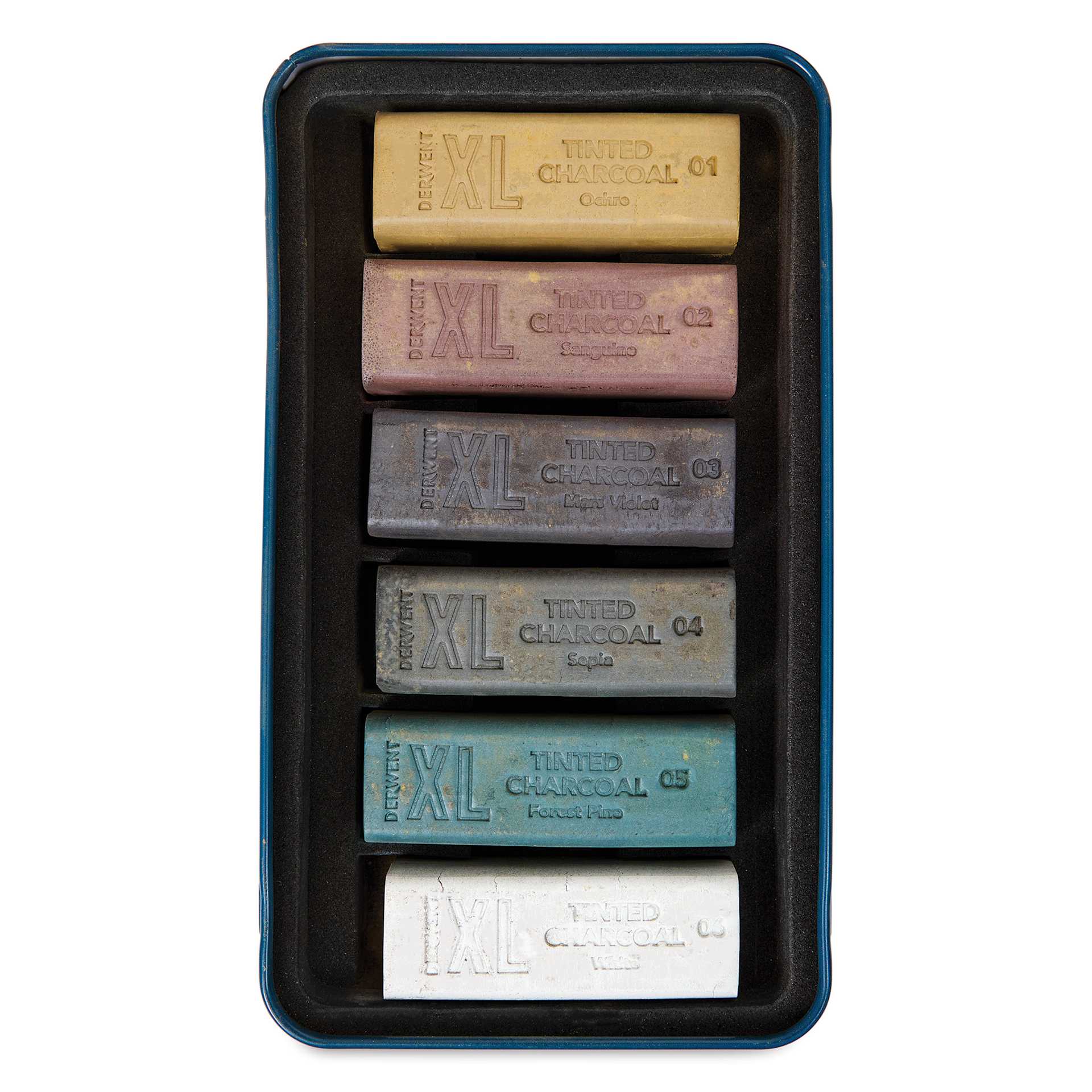 Derwent Tinted Charcoal XL Blocks - Assorted, Set of 6, contents shown inside the packaging tray