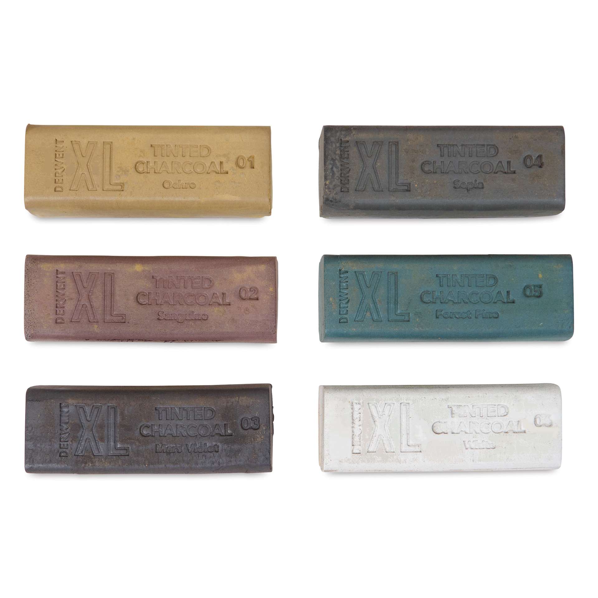 Derwent Tinted Charcoal XL Blocks - Assorted, Set of 6, blocks laid outside of the packaging