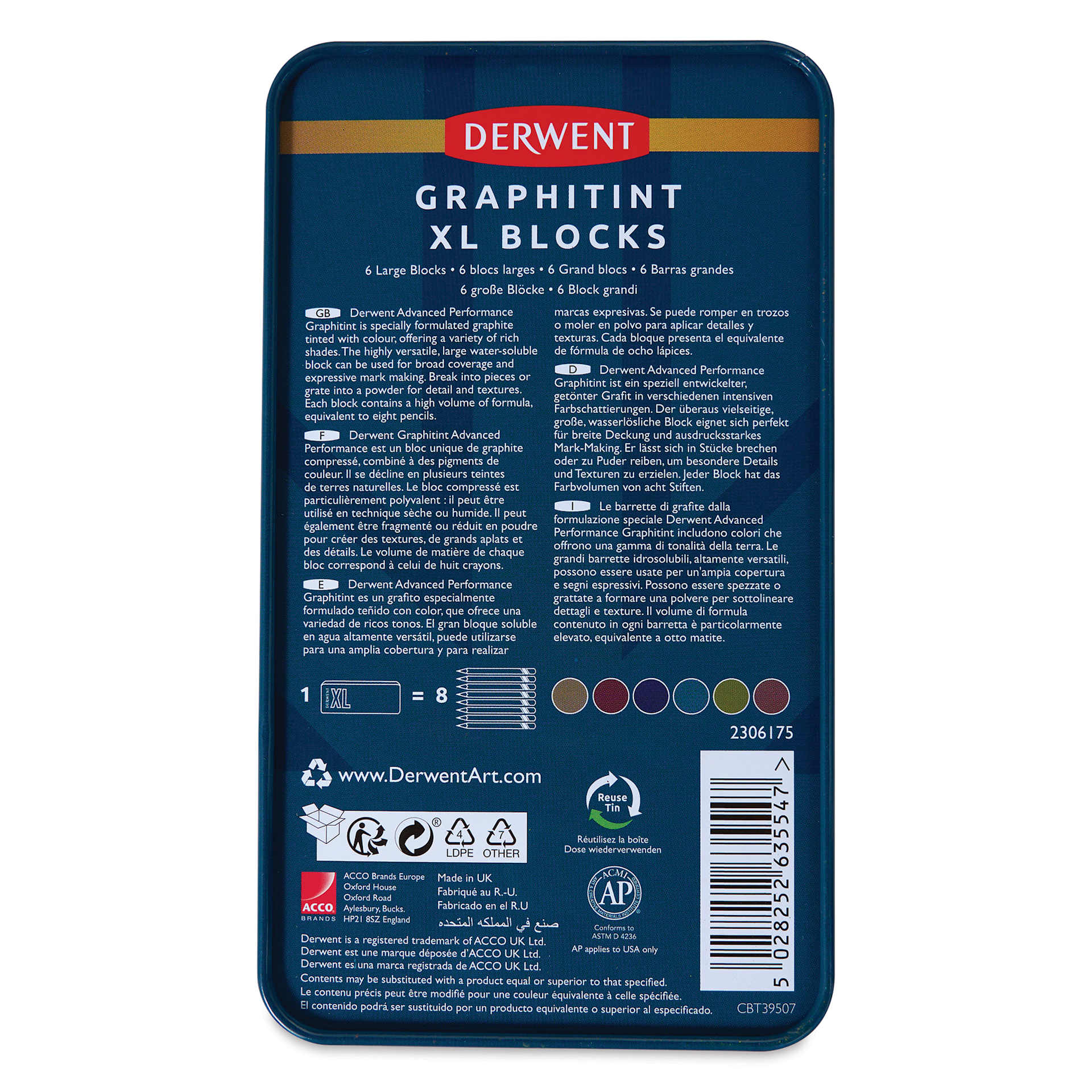 Derwent Graphitint XL Blocks - Assorted, Set of 6, back of the packaging