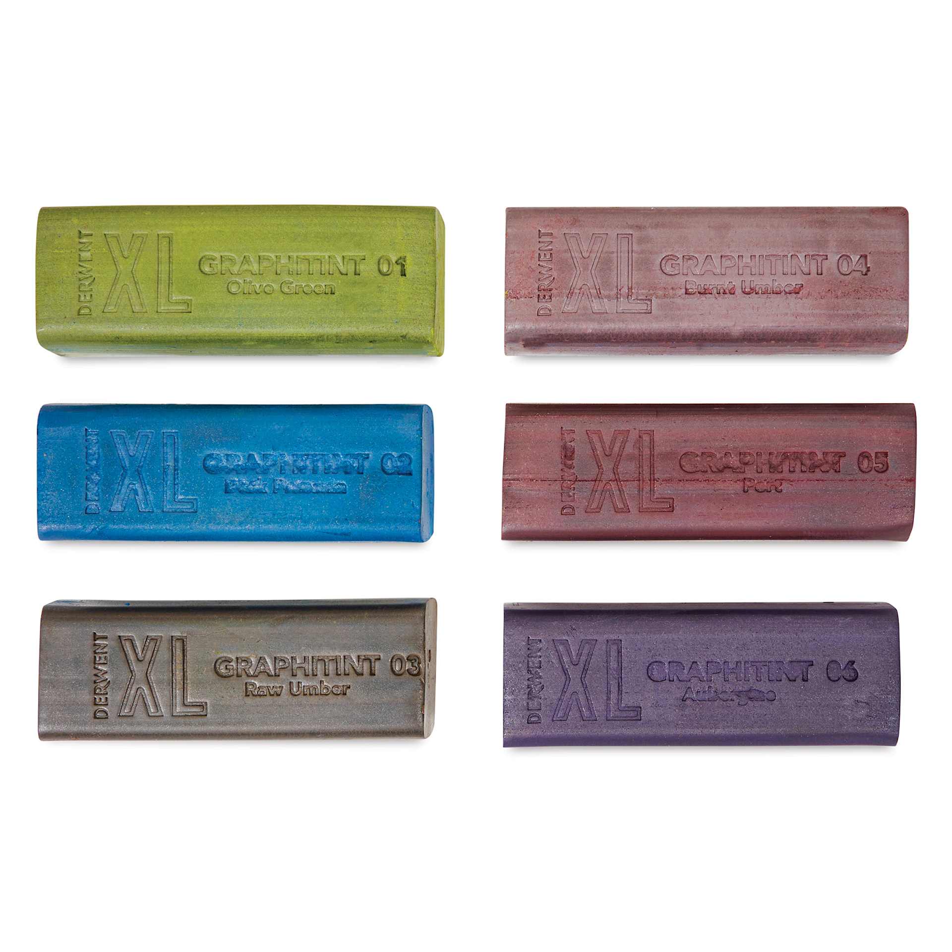 Derwent Graphitint XL Blocks - Assorted, Set of 6, contents laid outside of the packaging Derwent Graphitint XL Blocks - Assorted, Set of 6, contents laid outside of the packaging