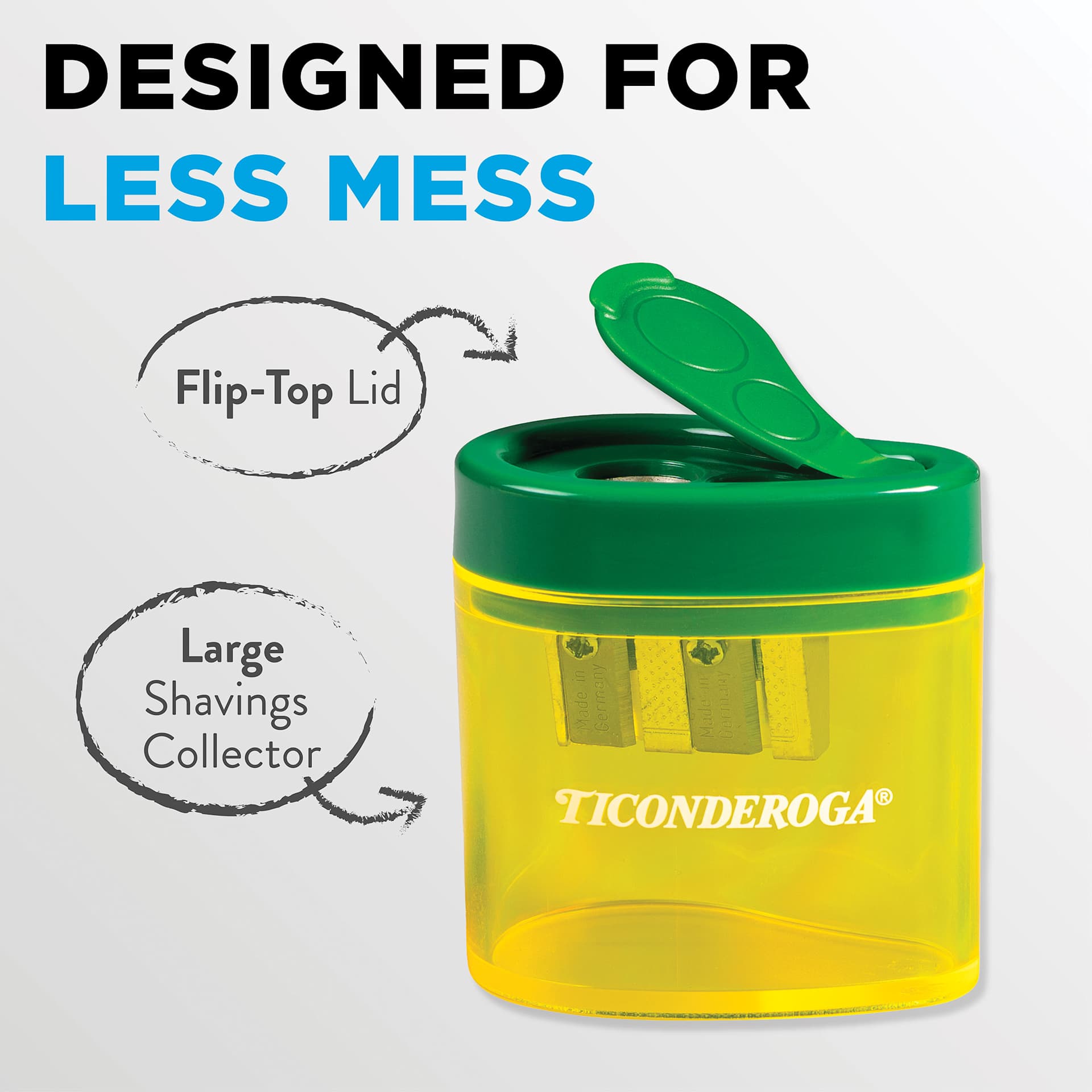 Designed for less mess. Flip top lid. Large shavings collector.