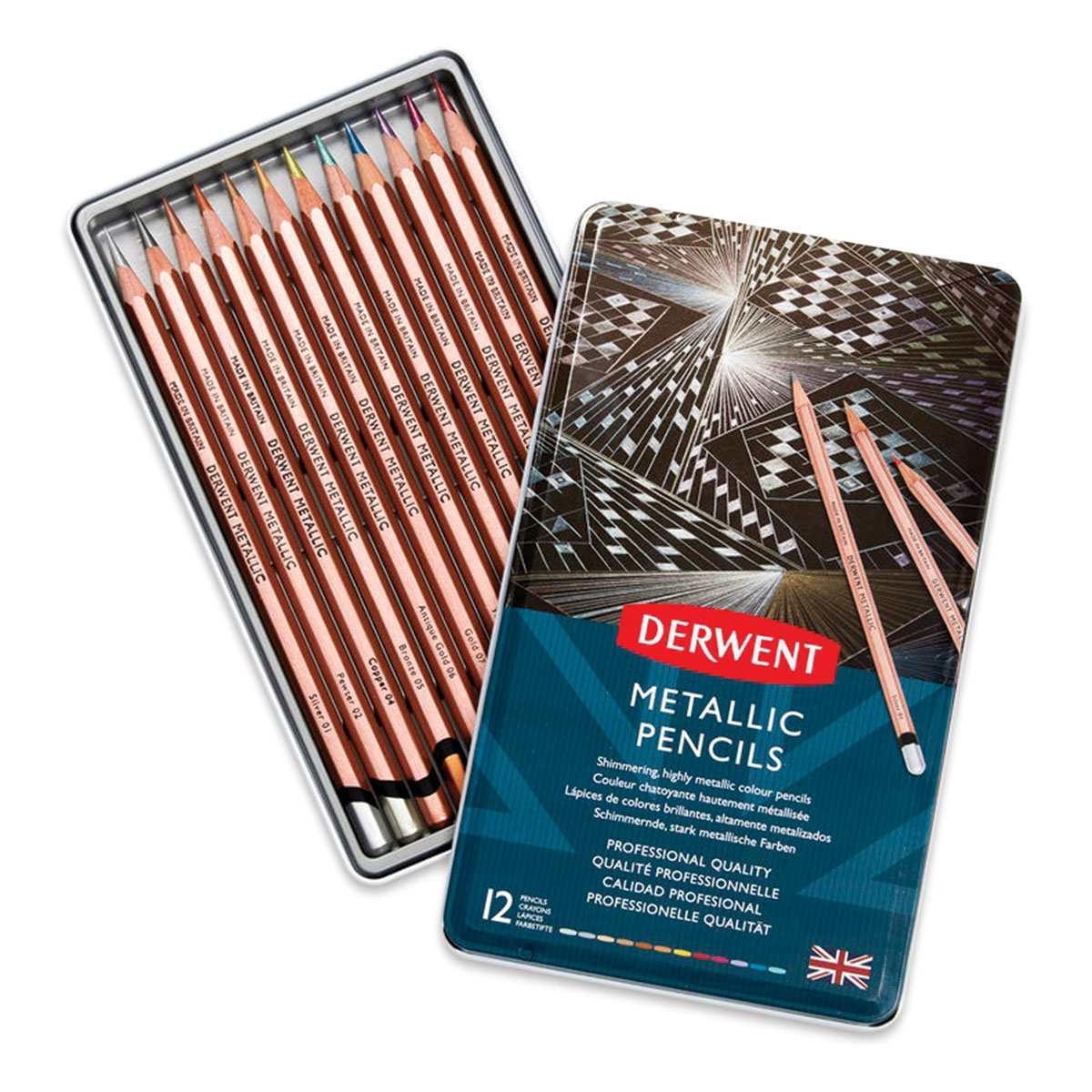 Derwent Professional Metallic Colored Pencils - Top view of 12 Assorted Colors shown in open storage tin Derwent Professional Metallic Colored Pencils - Top view of 12 Assorted Colors shown in open storage tin