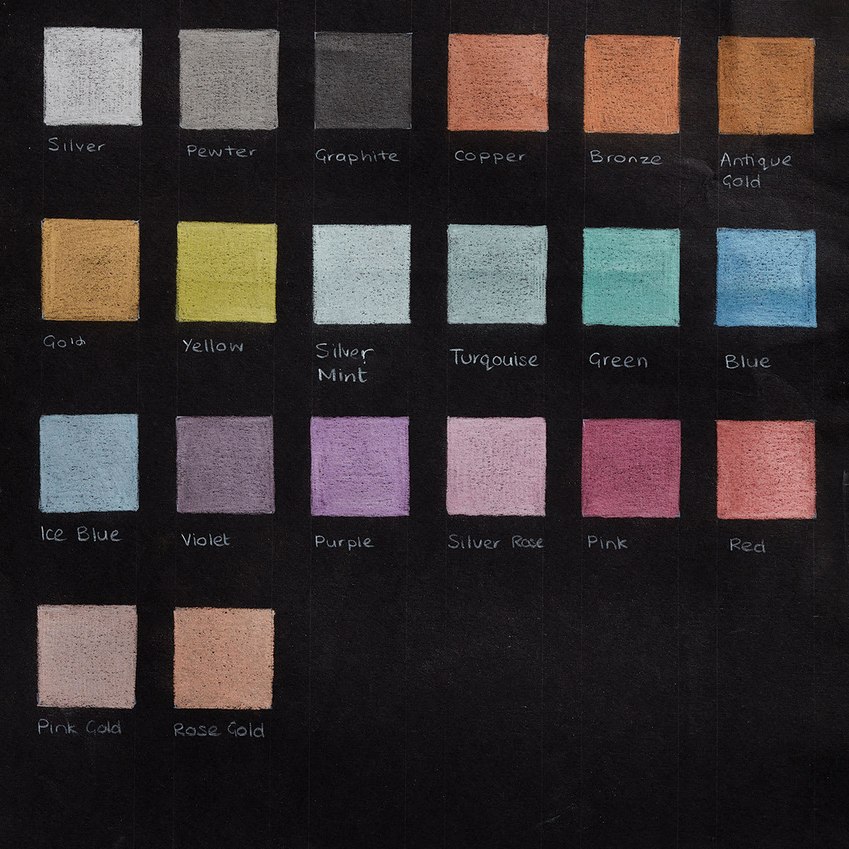 Derwent Professional Metallic Colored Pencils - Chart showing swatches of all available colors Derwent Professional Metallic Colored Pencils - Chart showing swatches of all available colors