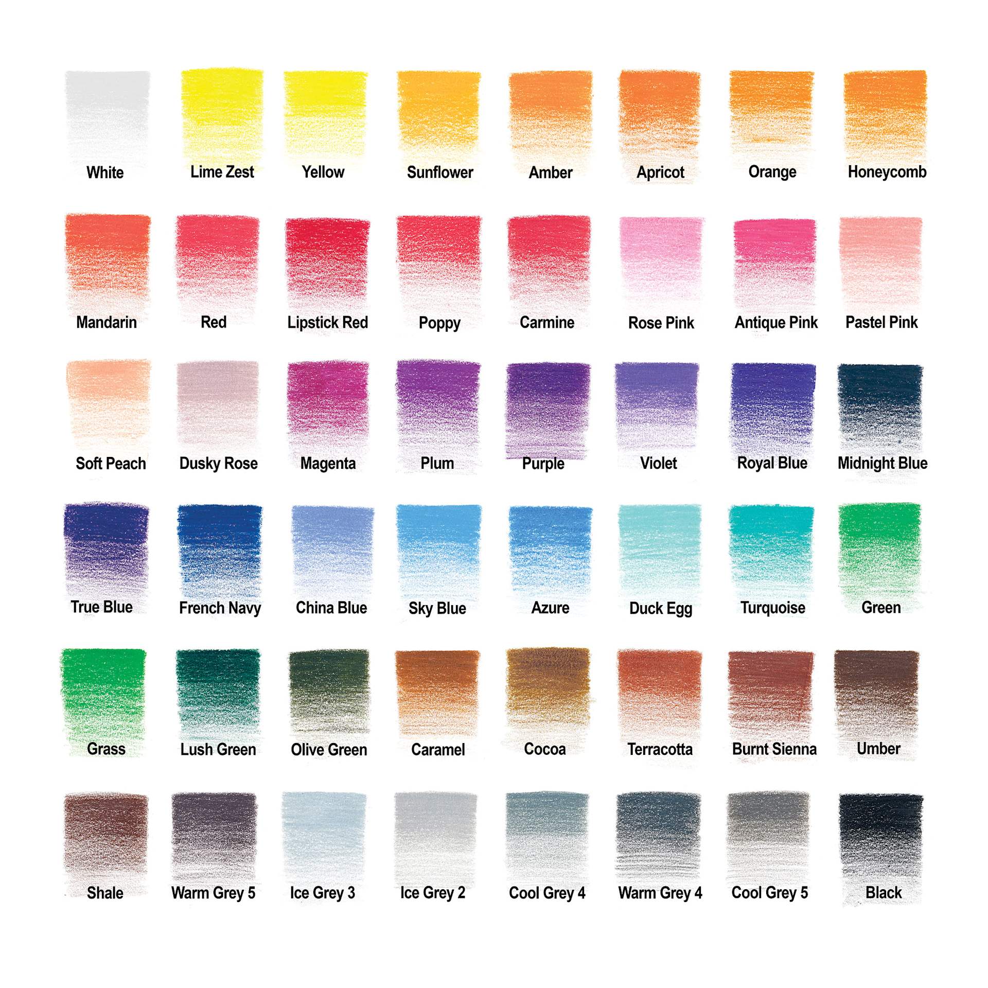 Winsor & Newton Studio Collection Colored Pencils - Set of 48, color chart of included colored pencils
