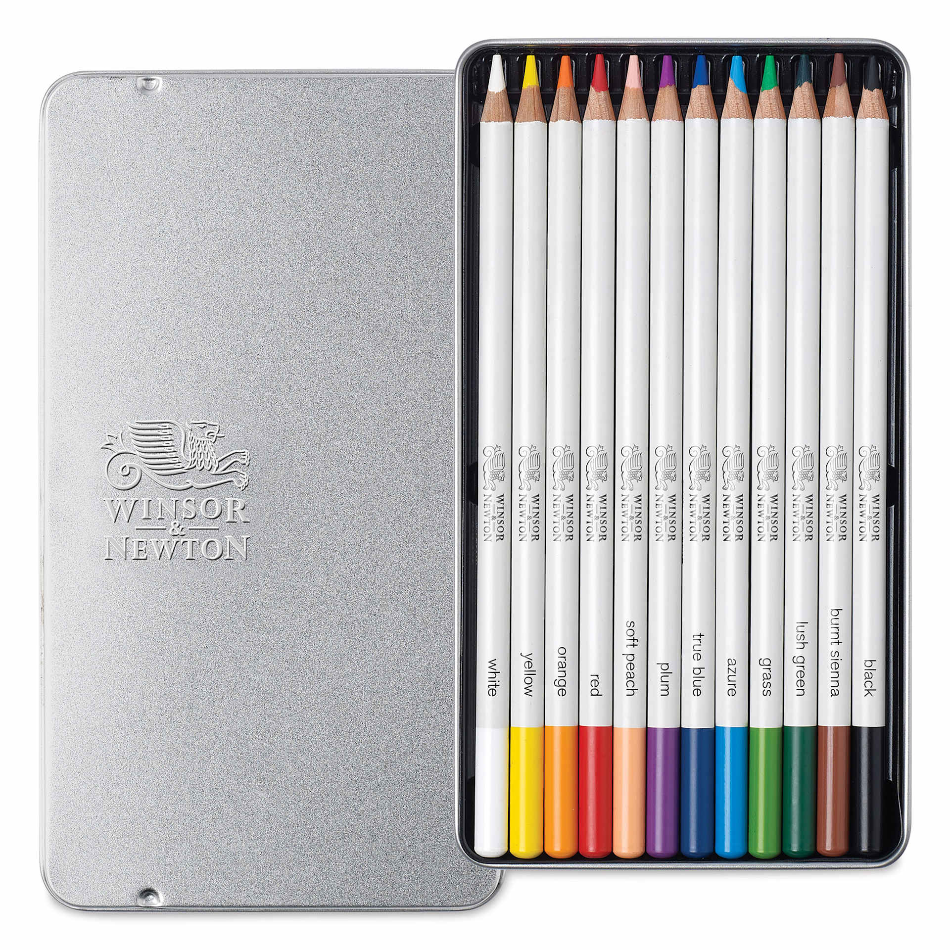 Winsor & Newton Studio Collection Watercolor Pencils - Set of 12, pencils shown inside tin case