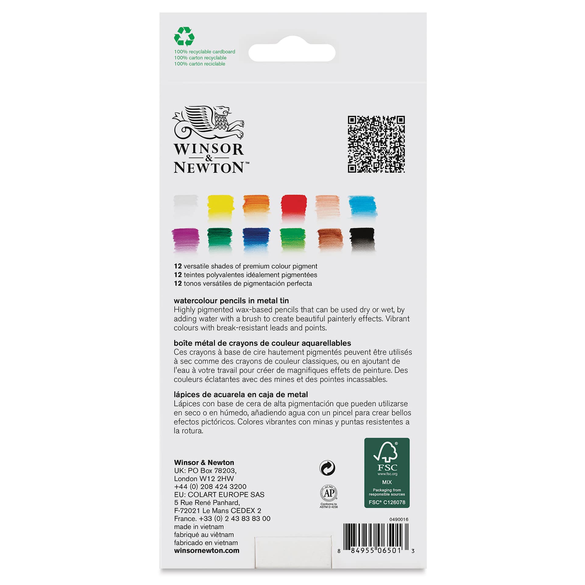 Winsor & Newton Studio Collection Watercolor Pencils - Set of 12, back of the packaging