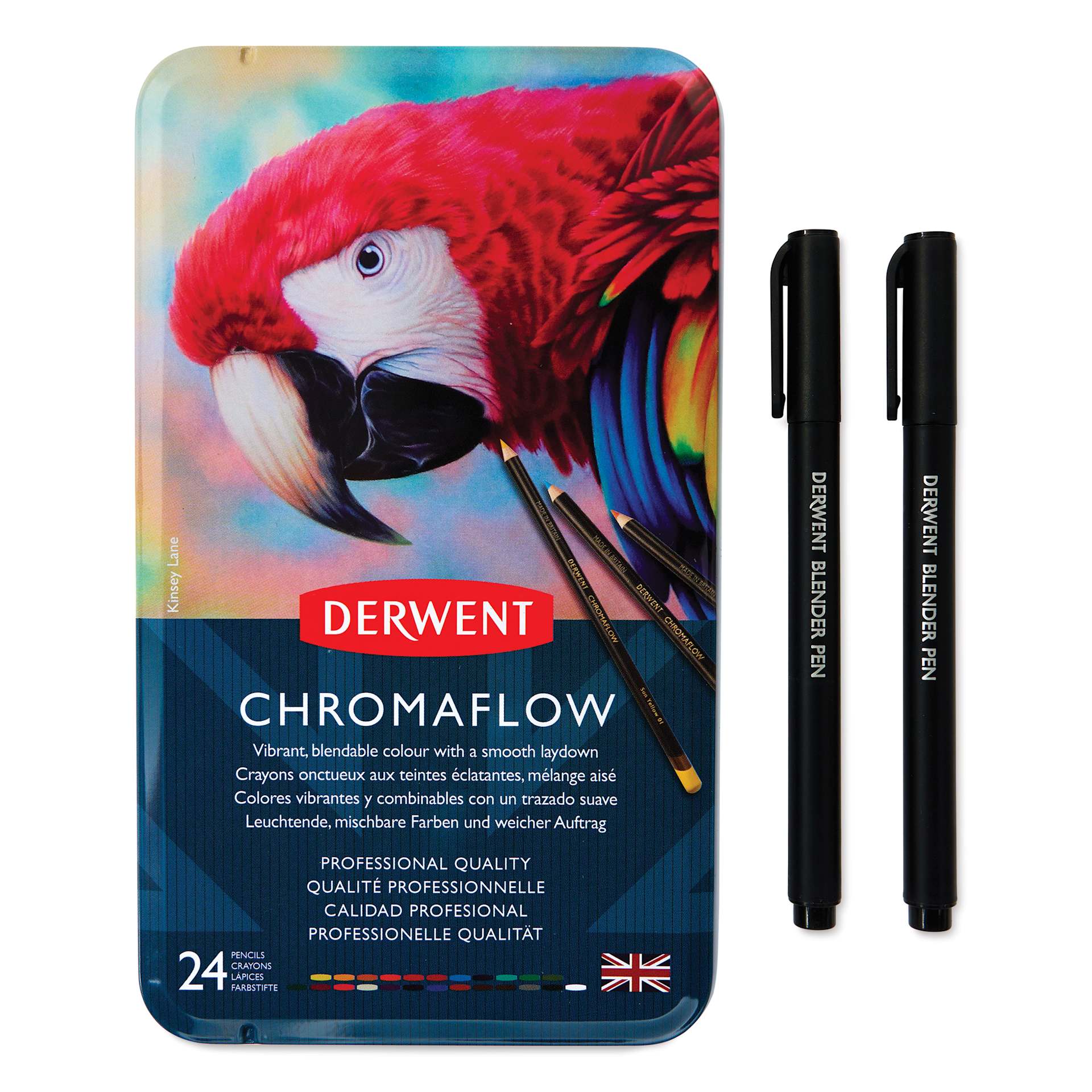 Derwent Chromaflow Colored Pencils - Set of 26, two blender pens next to packaging Derwent Chromaflow Colored Pencils - Set of 26, two blender pens next to packaging