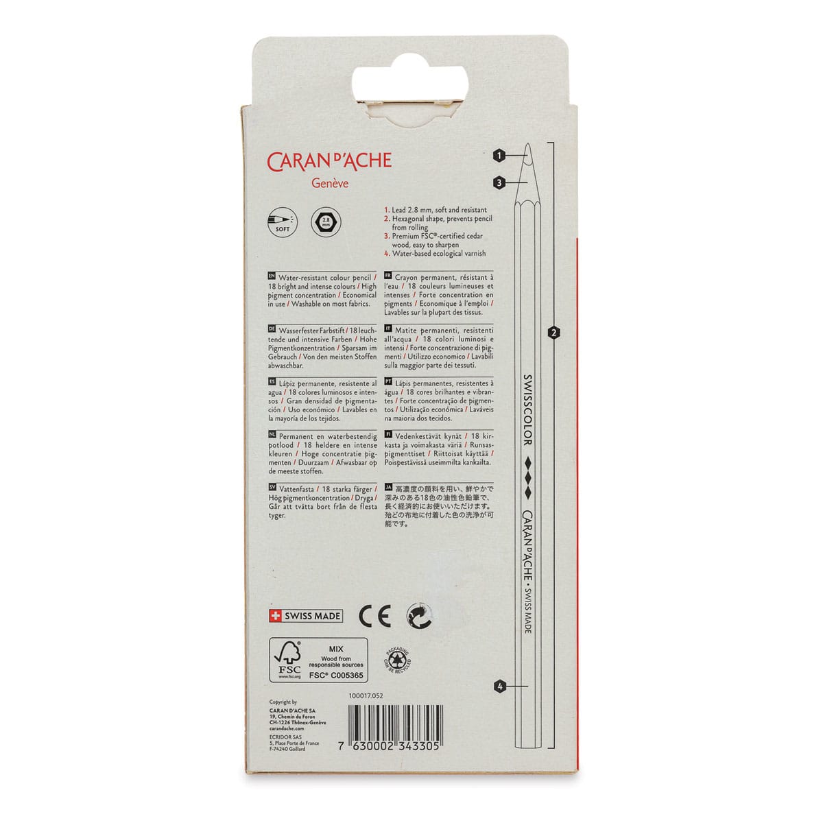 Caran d'Ache Swisscolor Colored Pencils - Set of 12, back of the packaging Caran d'Ache Swisscolor Colored Pencils - Set of 12, back of the packaging