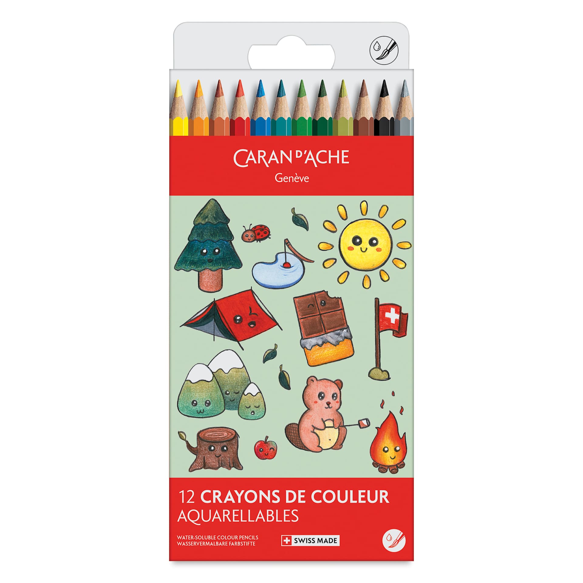 Caran d'Ache Swisscolor Aquarelle Colored Pencils - Set of 12, Kawaii Swiss Mountains, front of packaging