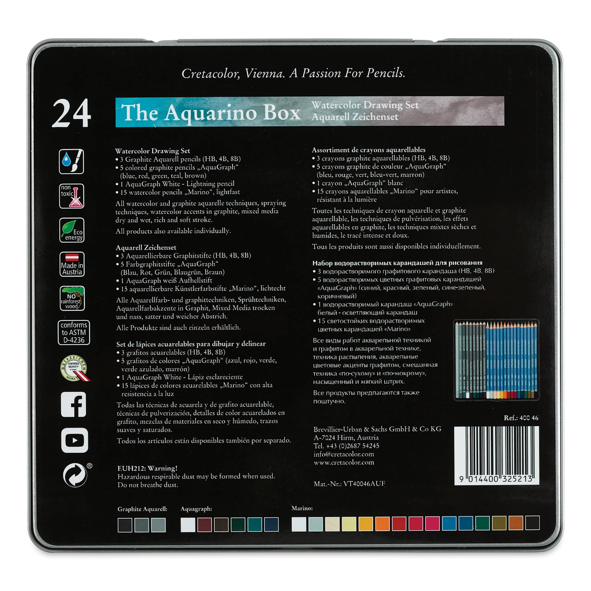Cretacolor The Aquarino Box Watercolor Drawing Set - Set of 24 (back of box)