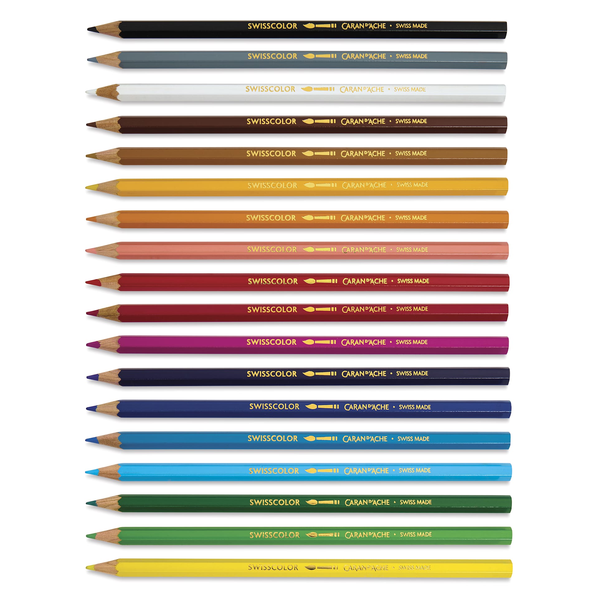 Caran d'Ache Swisscolor Aquarelle Colored Pencils and Poster, colored pencils laid out Caran d'Ache Swisscolor Aquarelle Colored Pencils and Poster, colored pencils laid out