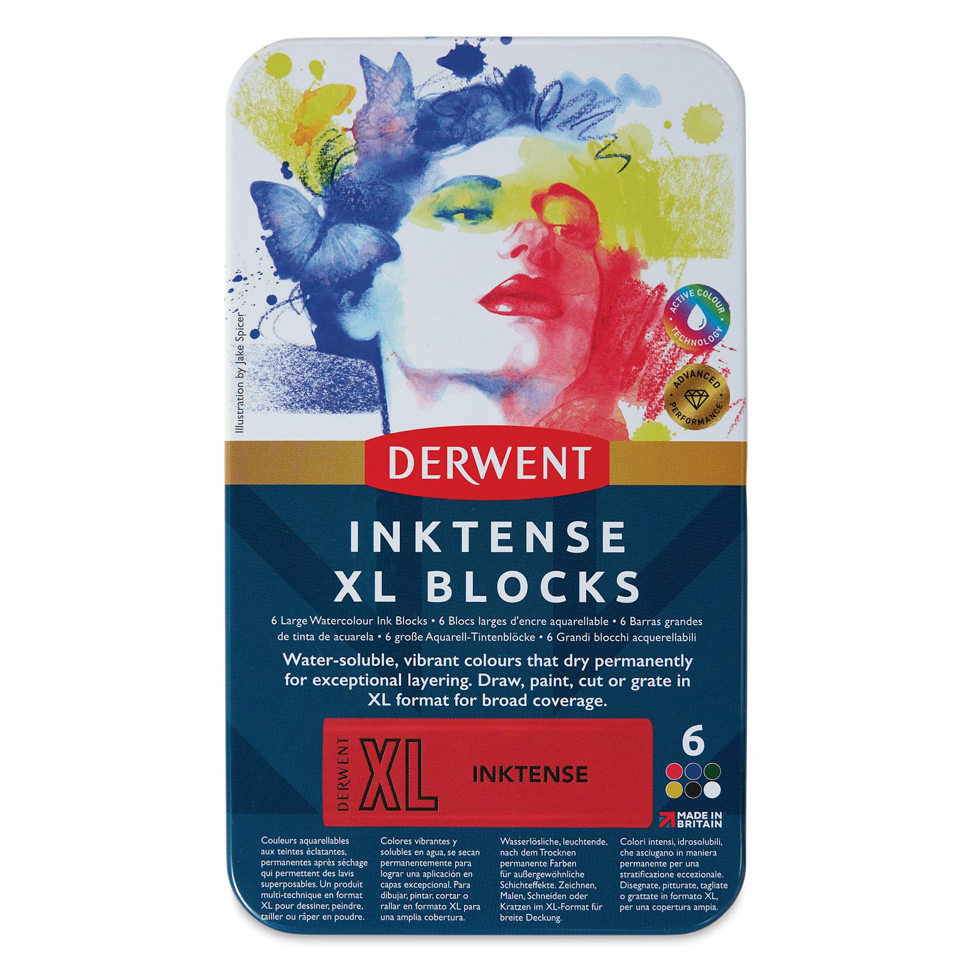 Derwent Inktense XL Blocks - Assorted, Set of 6, front of the tin packaging Derwent Inktense XL Blocks - Assorted, Set of 6, front of the tin packaging