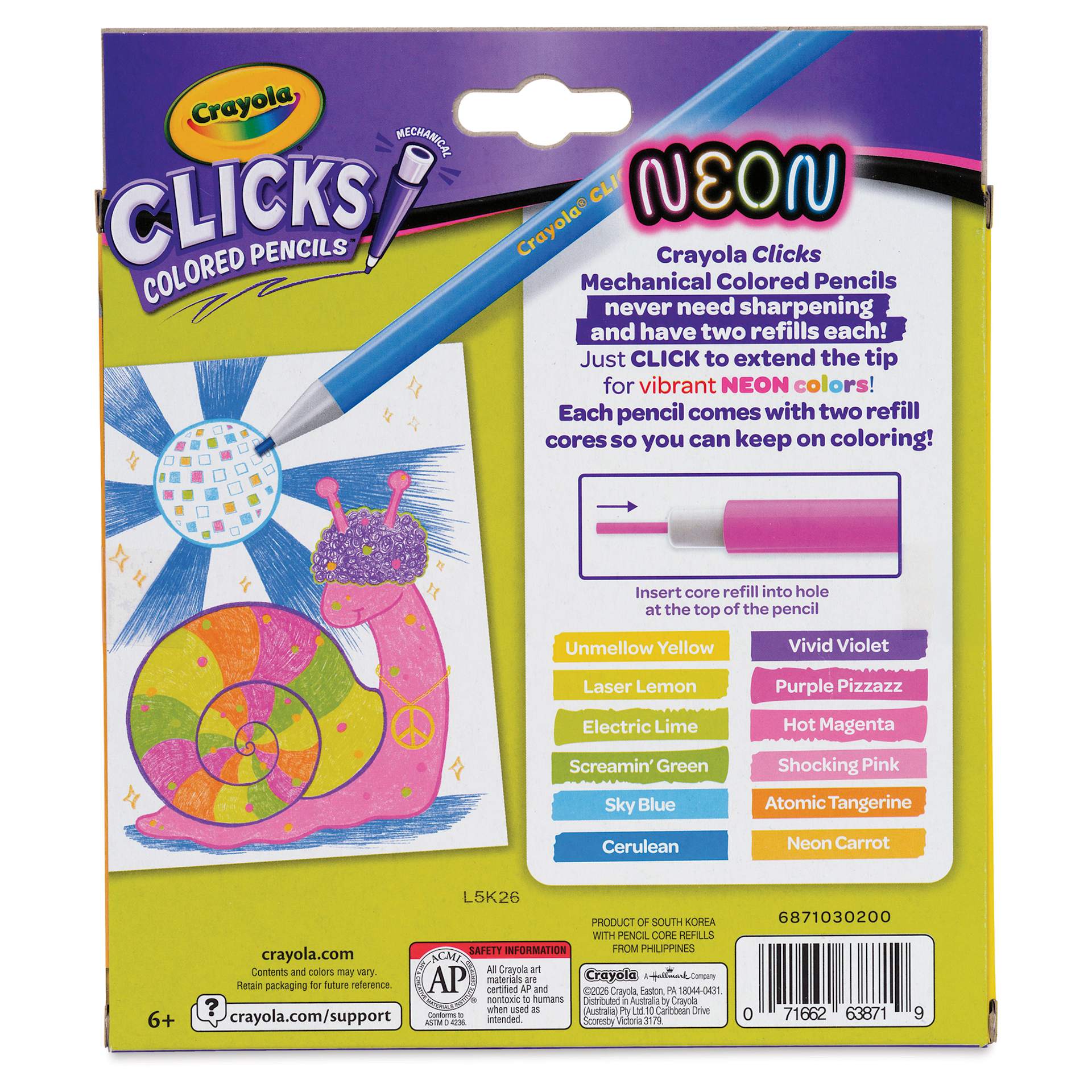Crayola Clicks Retractable Color Pencils - Set of 12, Neon Colors, back of packaging