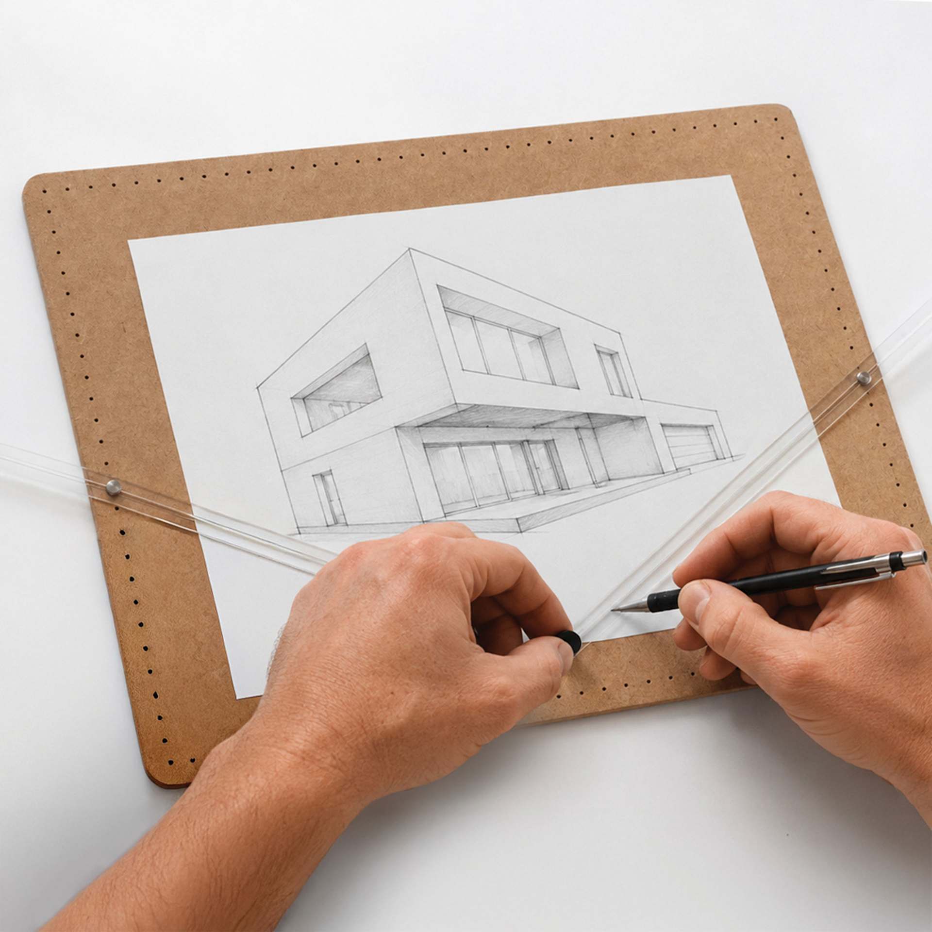 Koala Tools Perspective Ruler Board - 14" x 18" Set, with drawing of building