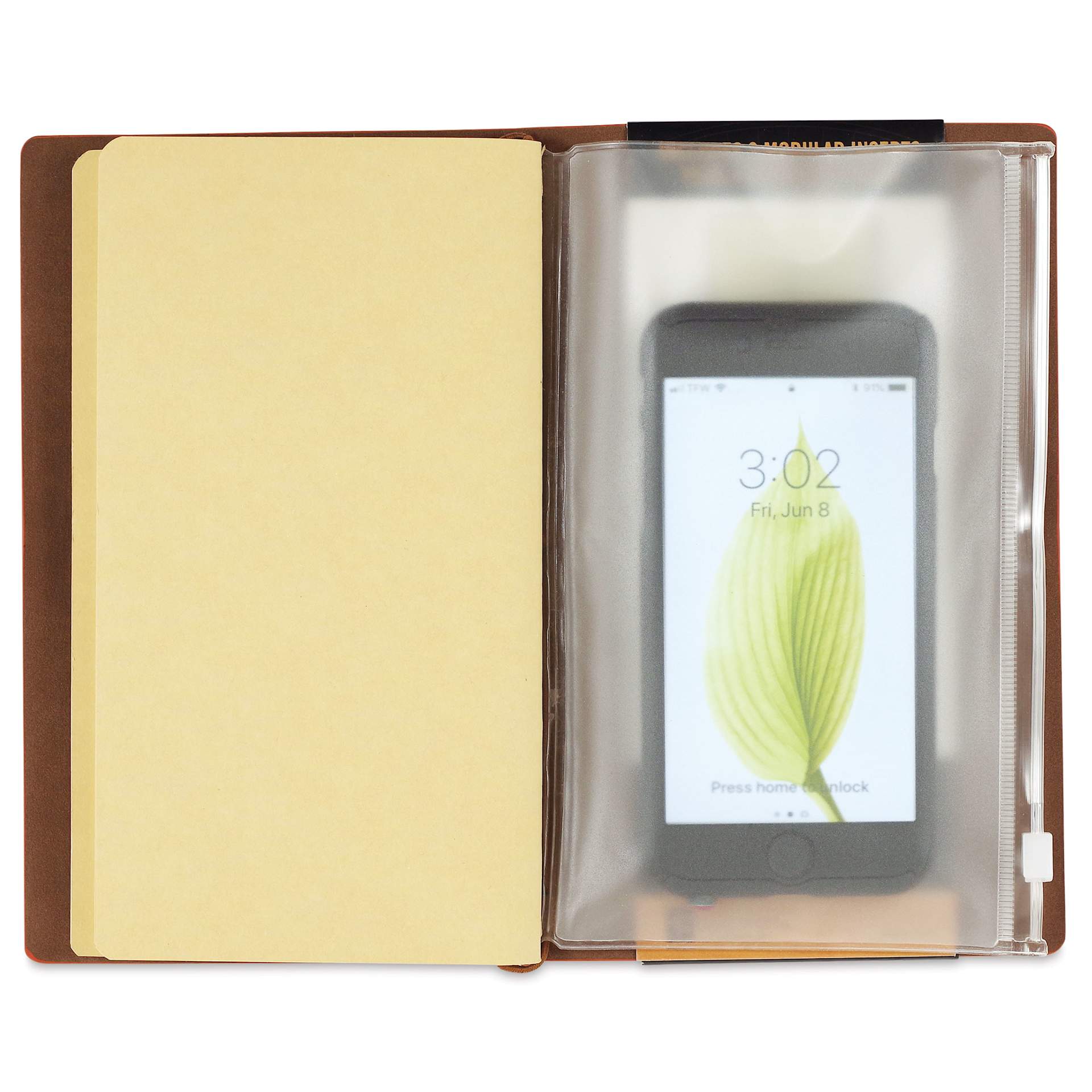 Peter Pauper Press Voyager Notebook - 4.75" x 7.9", Nutmeg, phone in zipped pouch
