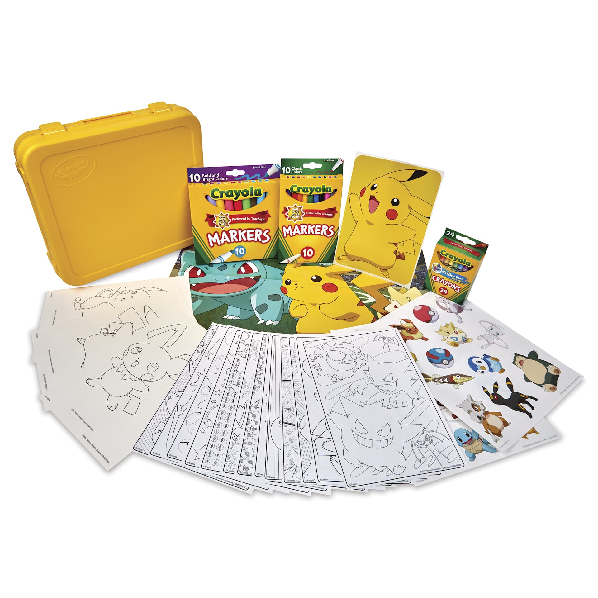 Crayola Pokémon Create and Color Coloring Art Case - Pikachu, Set of 75, contents laid outside of case