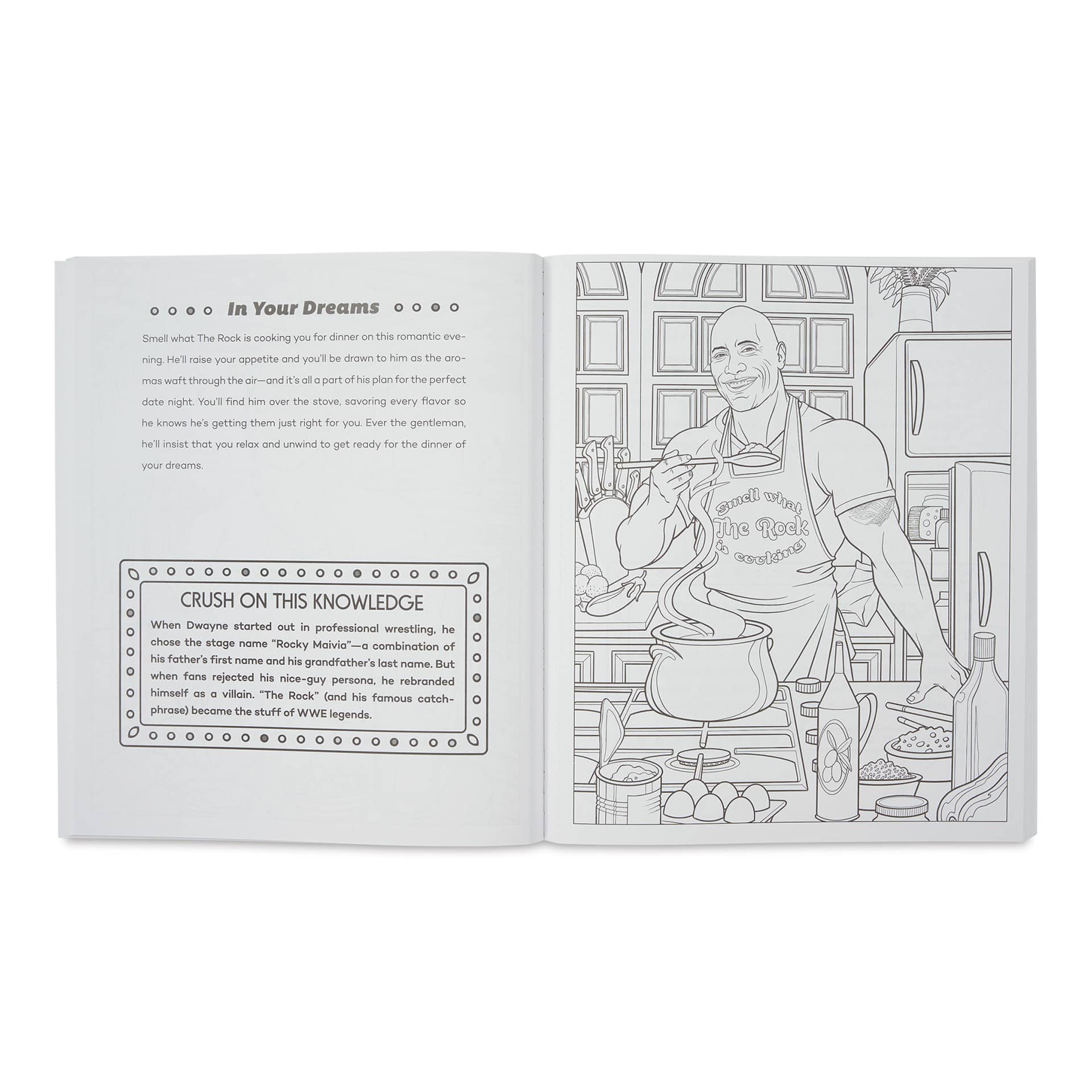 Crush + Color Celebrity Coloring Book - Dwayne "The Rock" Johnson (illustration page example - cooking)