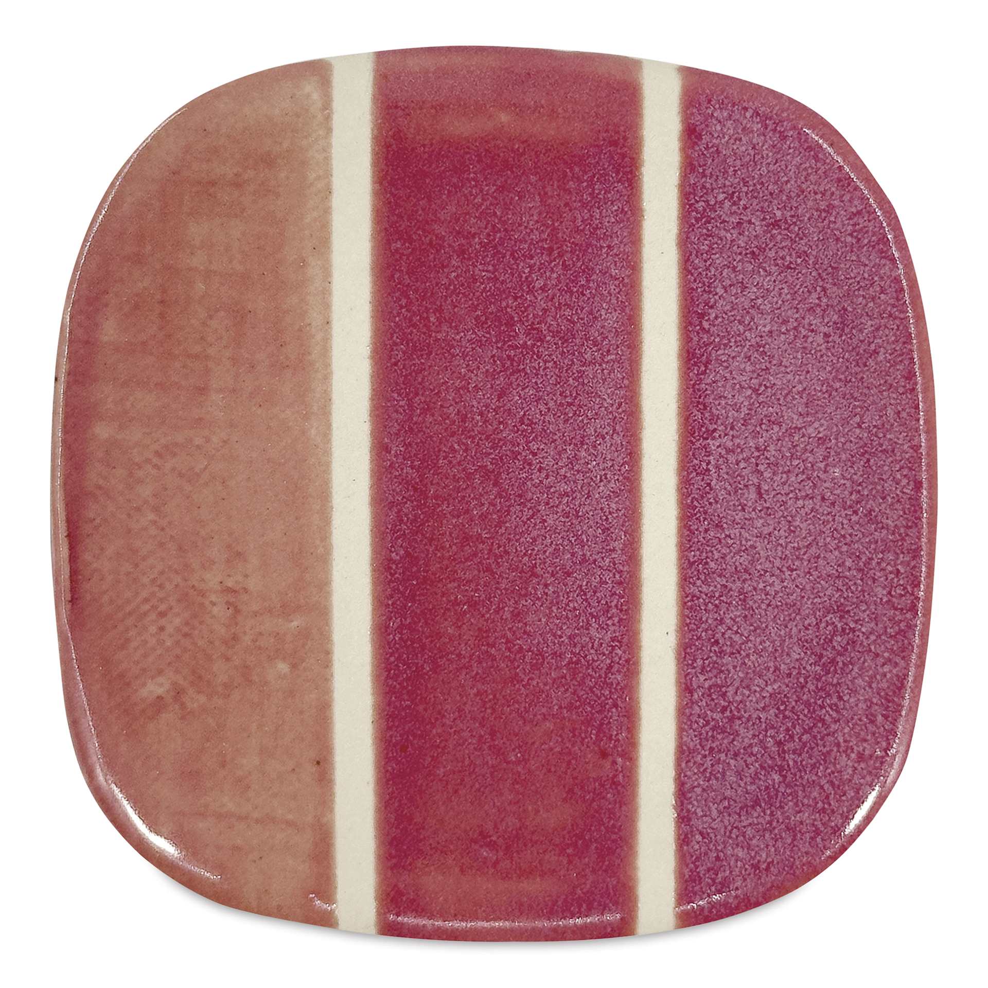 Speedball Mid-Fire Glaze - Raspberry Fizz - application tile (varied thickness layers)