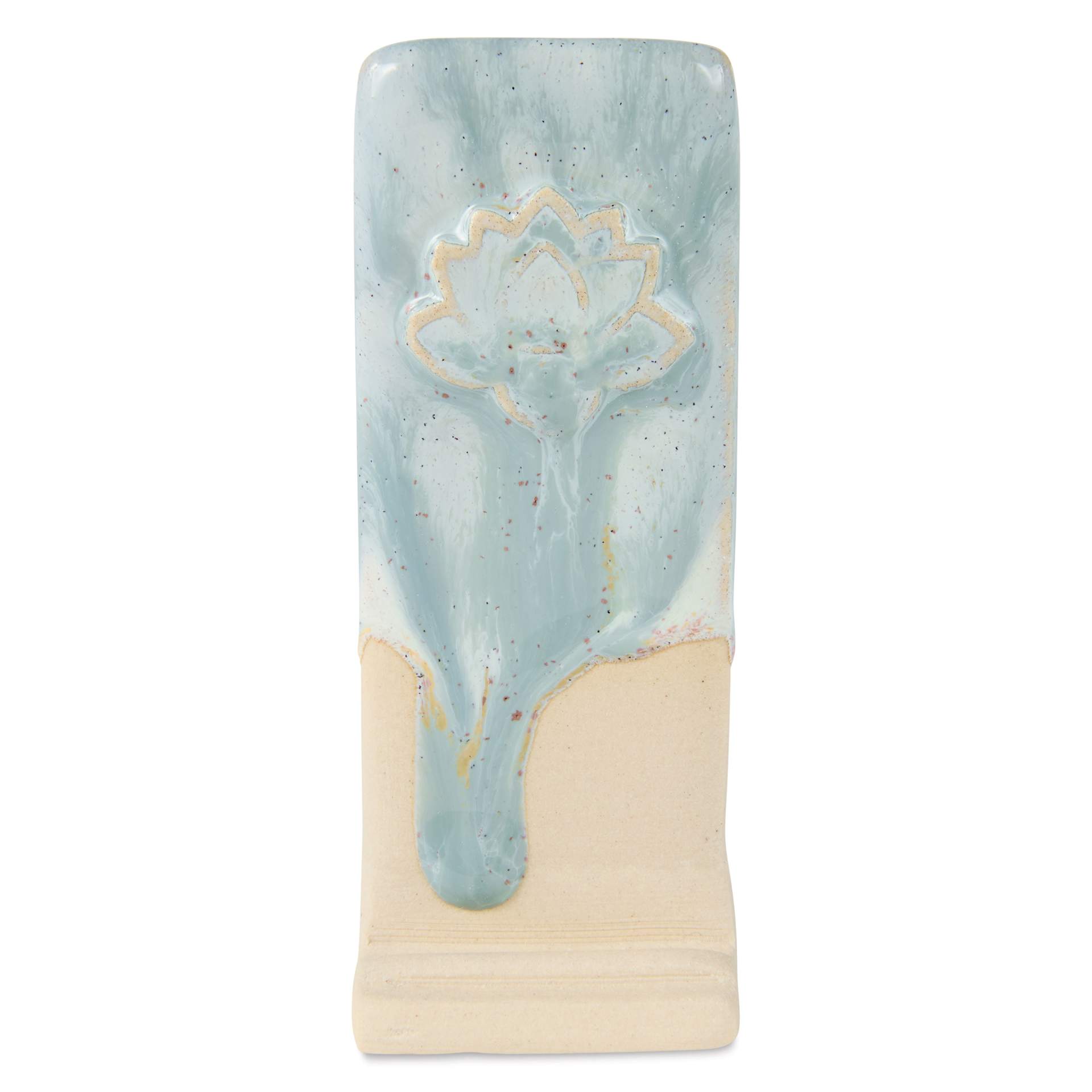 Speedball Mid-Fire Glaze - Teal Agate applied overtop Vanilla Flux