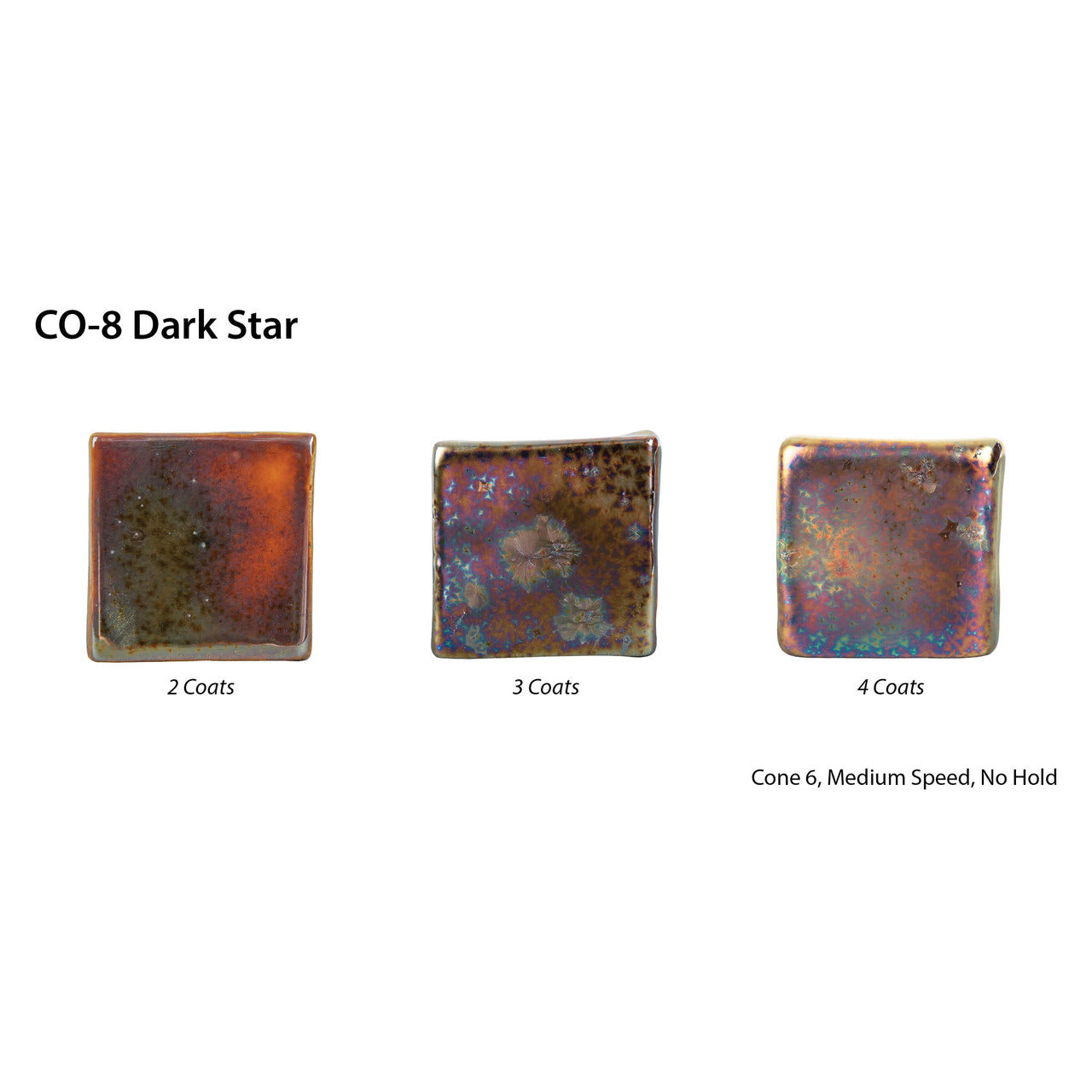 Cosmos CO-8 Dark Star On AMACO Clays. White Chocolate No. 16, Milk Chocolate No. 30, Dark Chocolate No. 32, A-Mix White Stoneware No. 11, White Stoneware No. 38, Buff Stoneware No. 46, Terra Cotta Stoneware No. 88, 3 Coats.