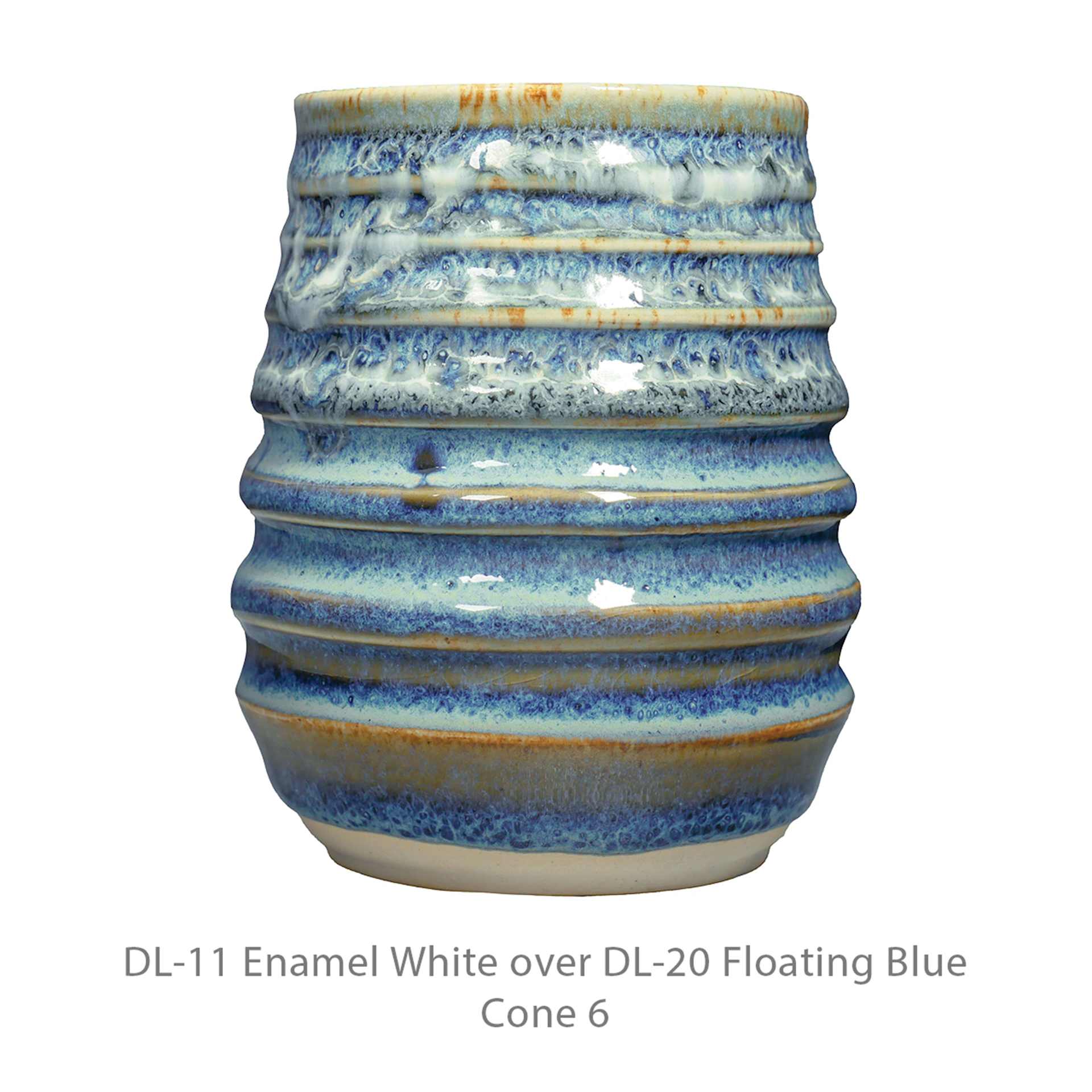 DL-11 Enamel White over DL-20 Floating Blue. Cone 6.