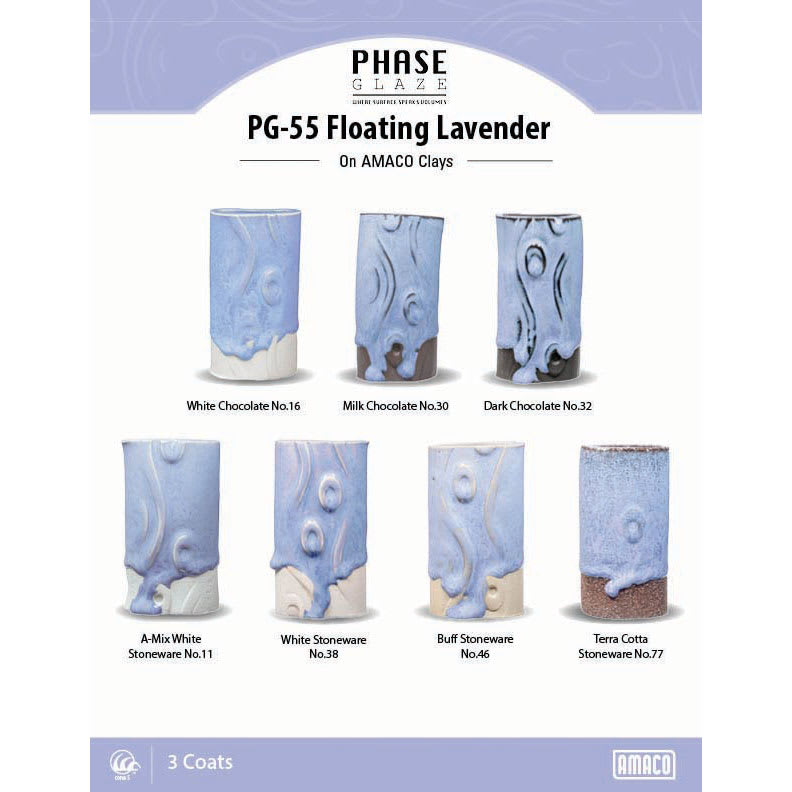 Phase Glaze. PG-55 Floating Lavender On AMACO Clays. White Chocolate No. 16, Milk Chocolate No. 30, Dark Chocolate No. 32, A-Mix White Stoneware No. 11, White Stoneware No. 38, Buff Stoneware No. 46, Terra Cotta Stoneware No. 77. 3 Coats.
