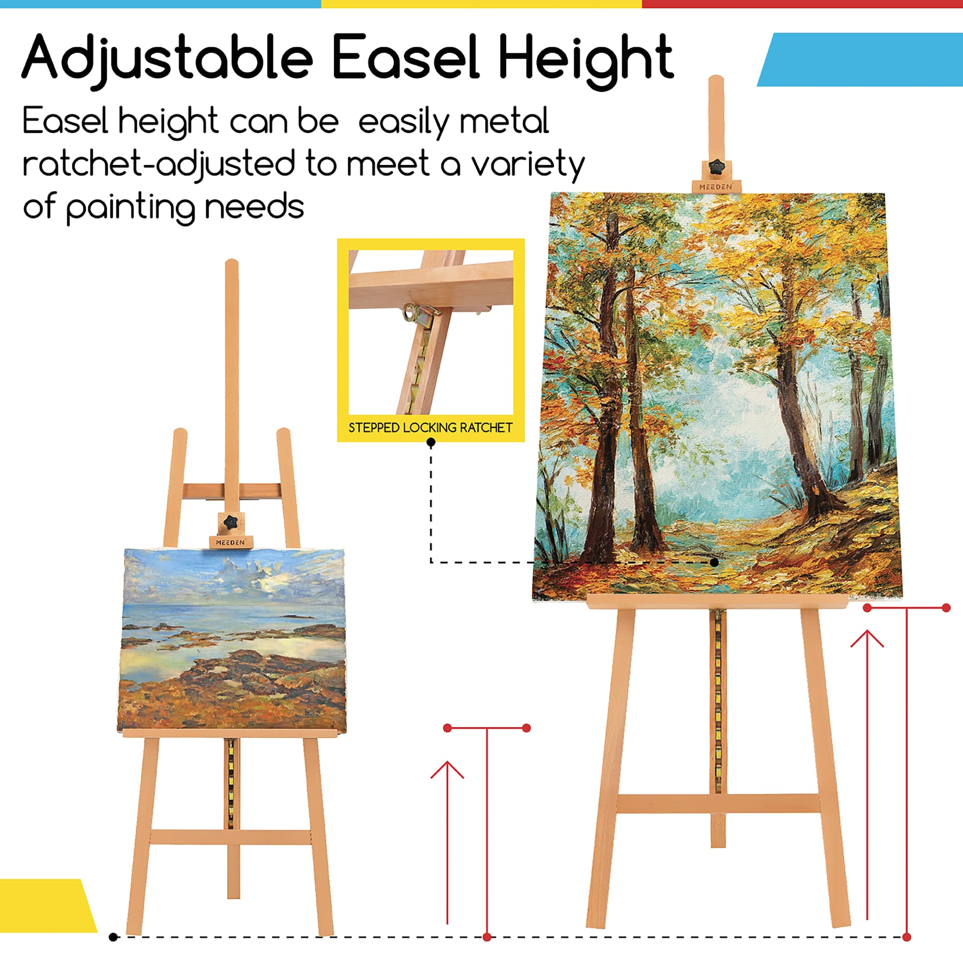 Meeden Large A-Frame Easel - Natural Beech Wood, adjustable easel height features