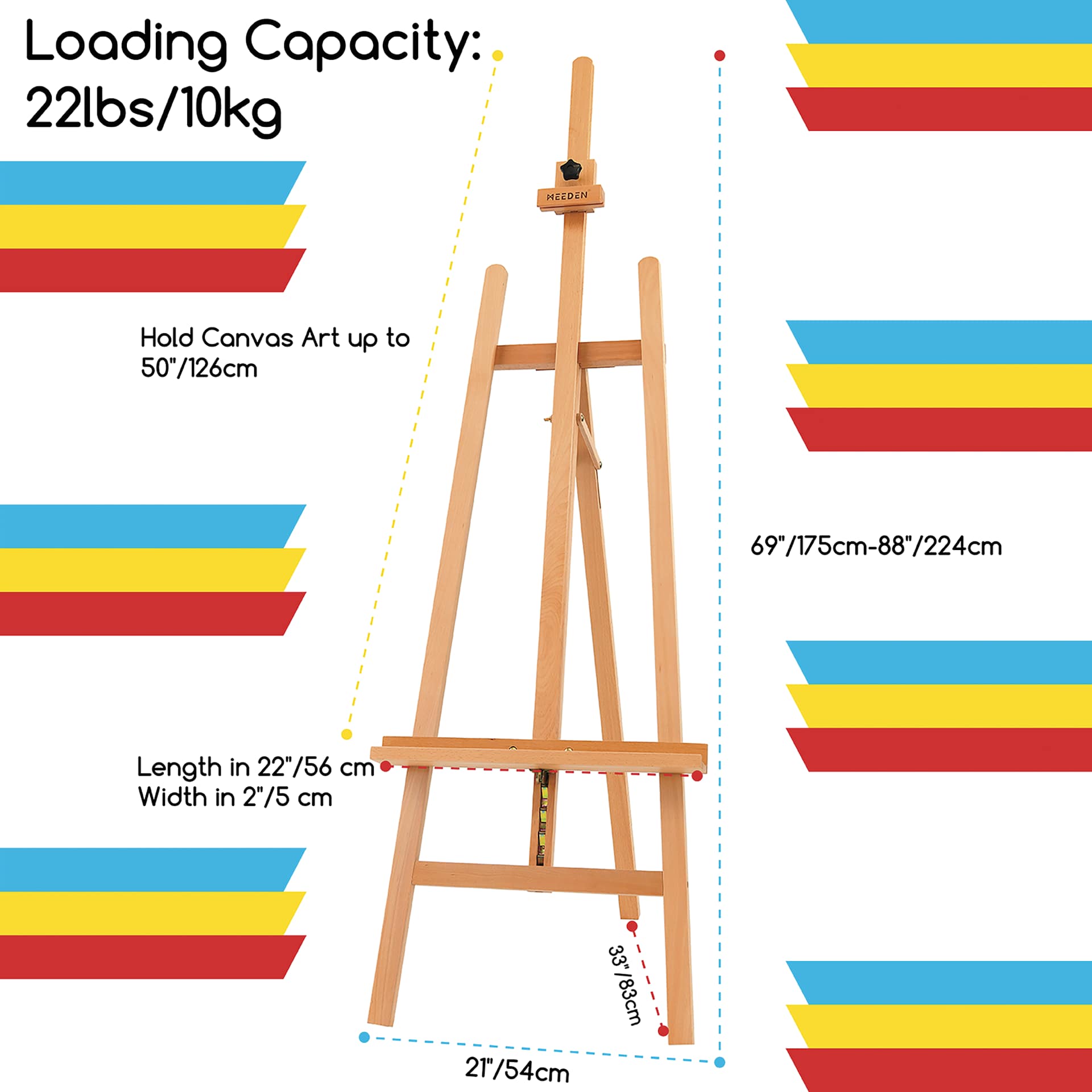 Meeden Large A-Frame Easel - Natural Beech Wood, featuring dimensions and loading capacity