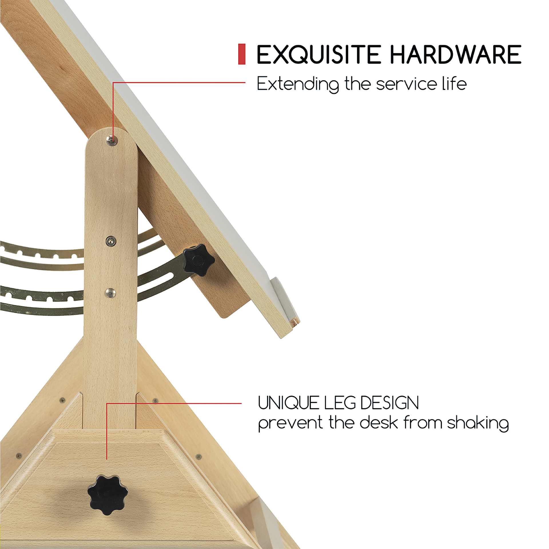 Meeden Wood Drafting Table - 35-1/2” W x 23-1/2” L - exquisite hardware and unique leg design