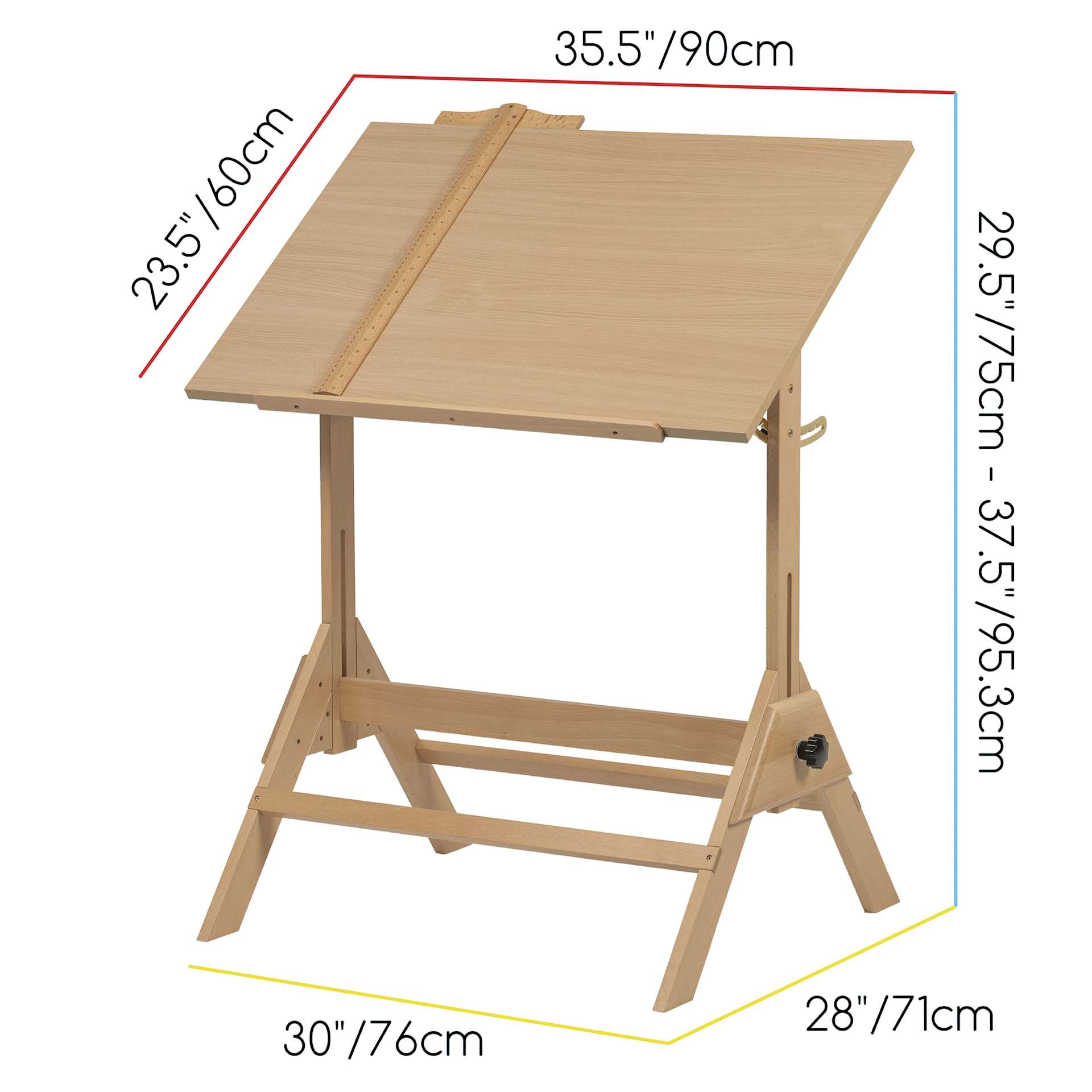 Meeden Wood Drafting Table - 35-1/2” W x 23-1/2” L - overall dimensions