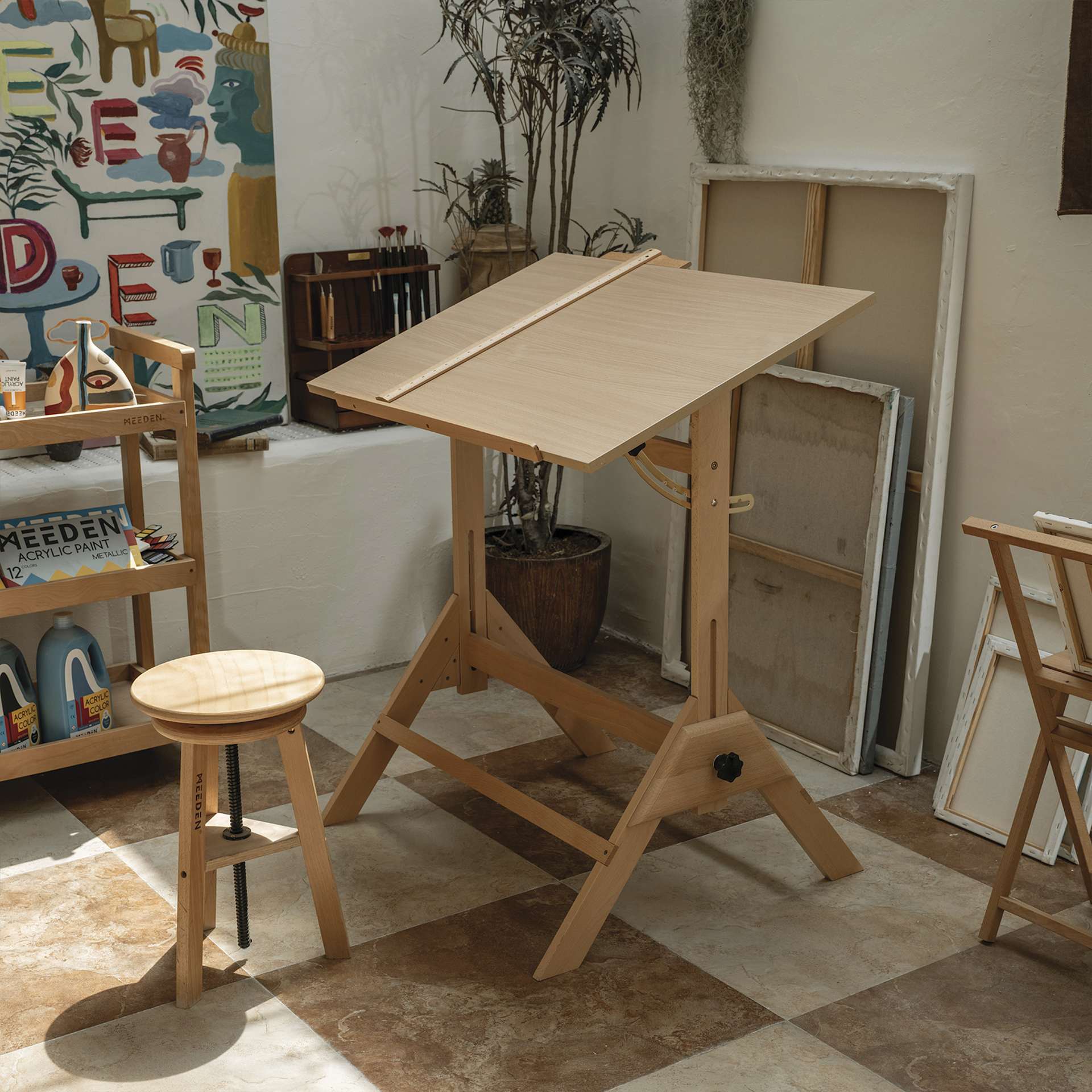 Meeden Wood Drafting Table - 35-1/2” W x 23-1/2” L - in studio (stool not included)