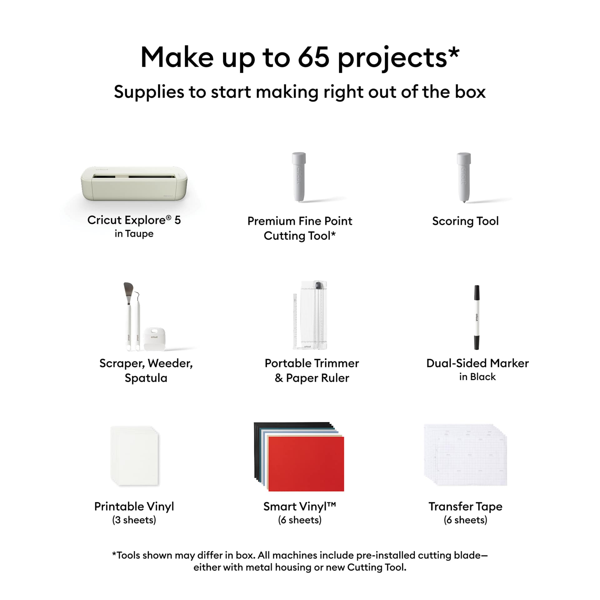 Cricut Explore 5 with Essential Bundle showing included contents