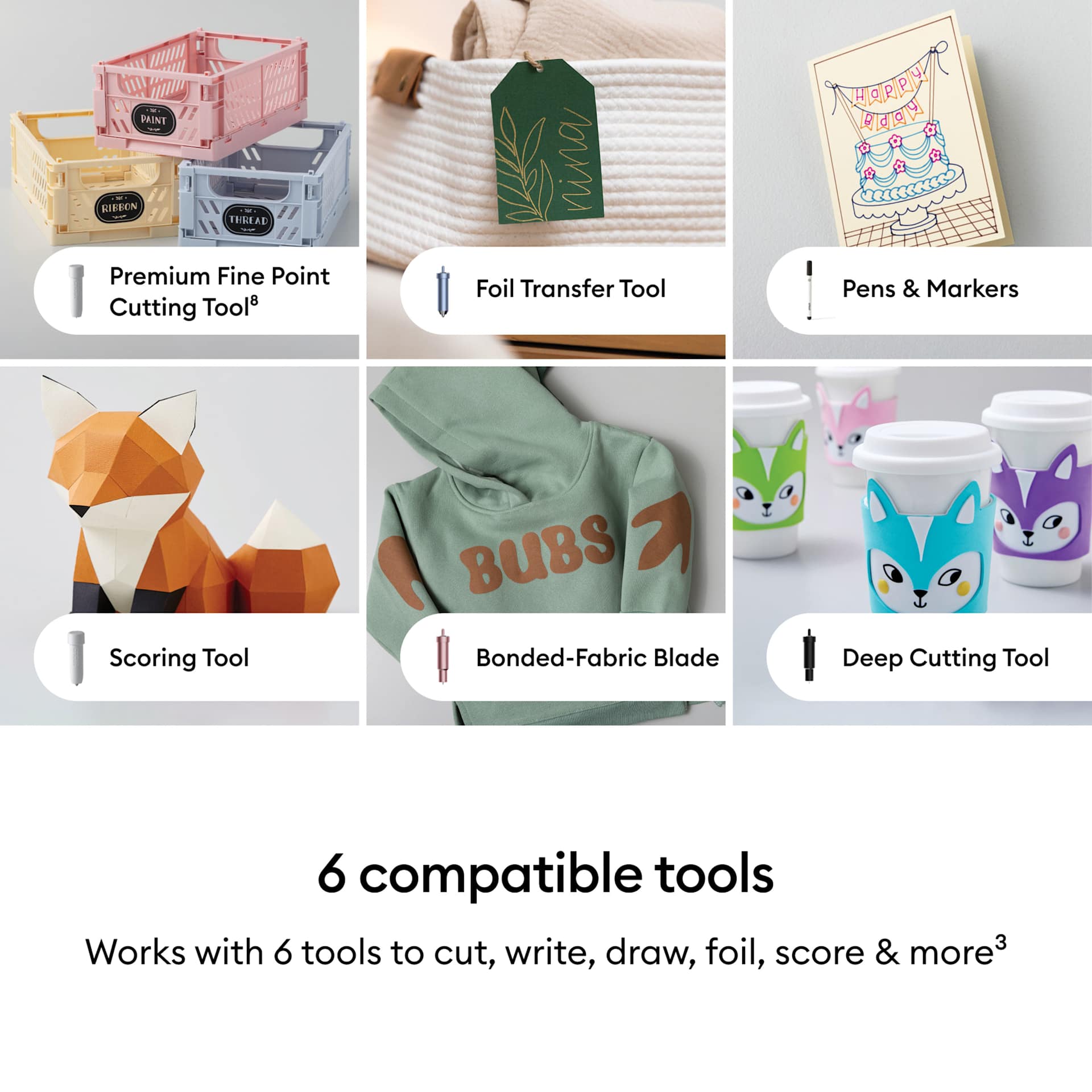 6 compatible tools: Works with 6 tools to cut, write, draw, foil, score and more.